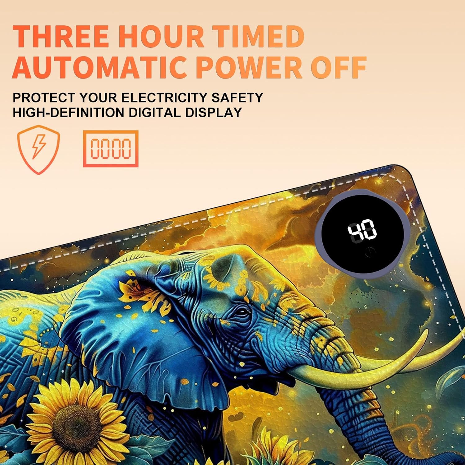 Heated Mouse Pad, Warm Desk Pad, Keyboard Mat 23.6 x 14 Inch Large Size Intelligent Fast Heating, 3 Speed Adjustable, Timed Auto Power Off for Game Office Home, Elephant in Sunflower Field