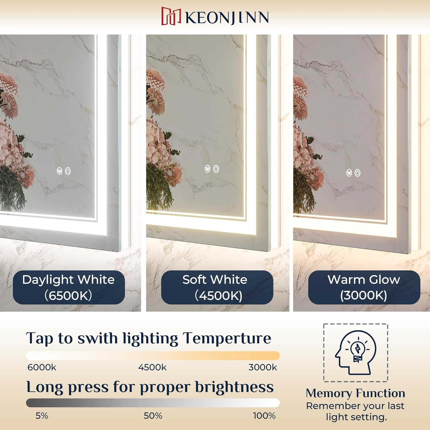 Keonjinn 36" x 36" Square Bathroom Mirror with Lights, Frontlit & Backlit LED Mirror, Safe Tempered Glass, 3 Color Lights, Dimmable, Defogging, Smart Bathroom Vanity Mirror for Wall
