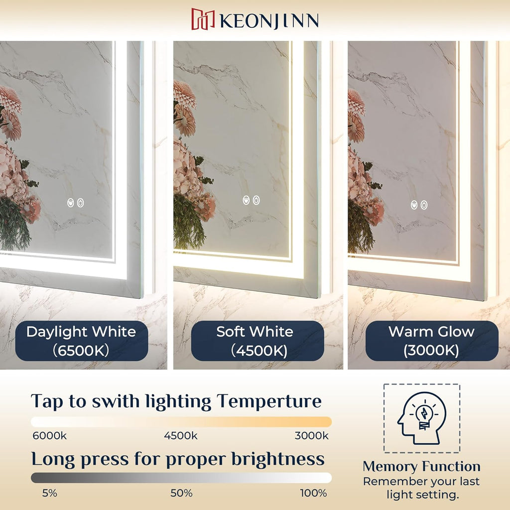 Keonjinn 84" x 36" LED Bathroom Mirror with Frontlit & Backlit, Smart Frameless LED Mirror, Oversized, Safe Tempered Glass, Quick Defogging, Dimmable, 3 Color Lights, UL-Listed