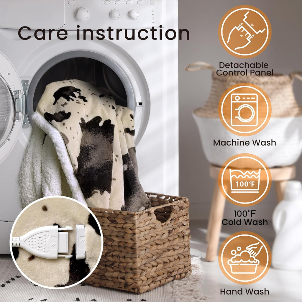 Cow Print Heated Throw Blanket Electric Blanket-Heating Blanket Throw with 10 Heat Levels & 10 Hours Auto-Off, Cozy Soft Fleece Sherpa, Washable, 50 x 60 Inches Cow Print Light Brown