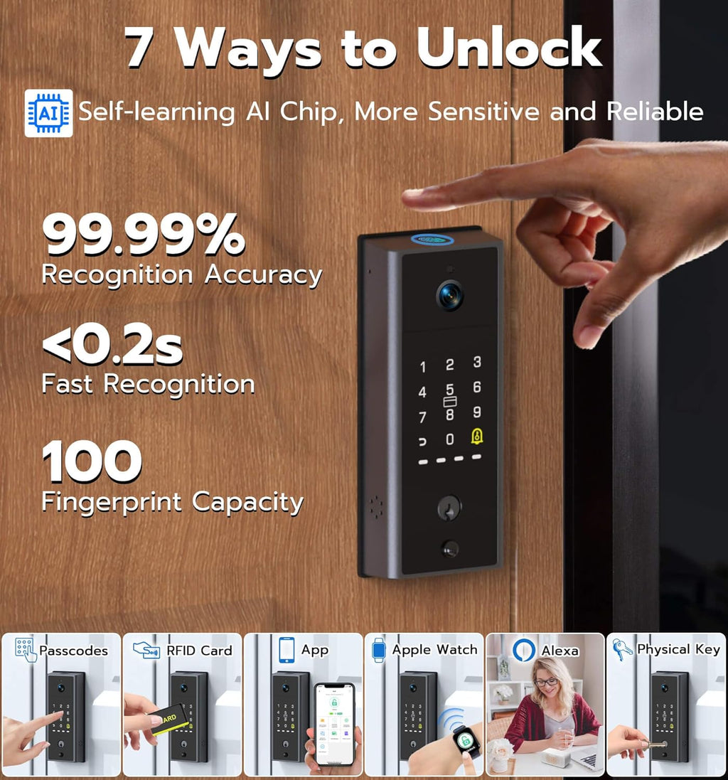 Anweller MD2 Smart Deadbolt Lock with Camera, Fingerprint Keyless Entry Door Lock for Front Door, Built-in WiFi, 10000mAh Battery, Door Sensor, Code Keypad, RFID Card, App Remote Control
