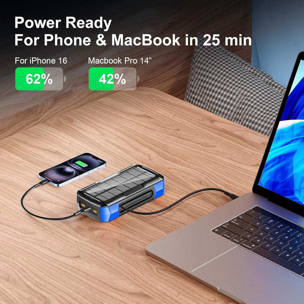 Solar Charger Power Bank 73200mAh, Portable Laptop Charger with 100W USB-C in/Output, Built-in Cables, Hand Crank Power Bank for Mobile Phones, Ideal for Outdoor Use with SOS/Strobe/Strong (blue)