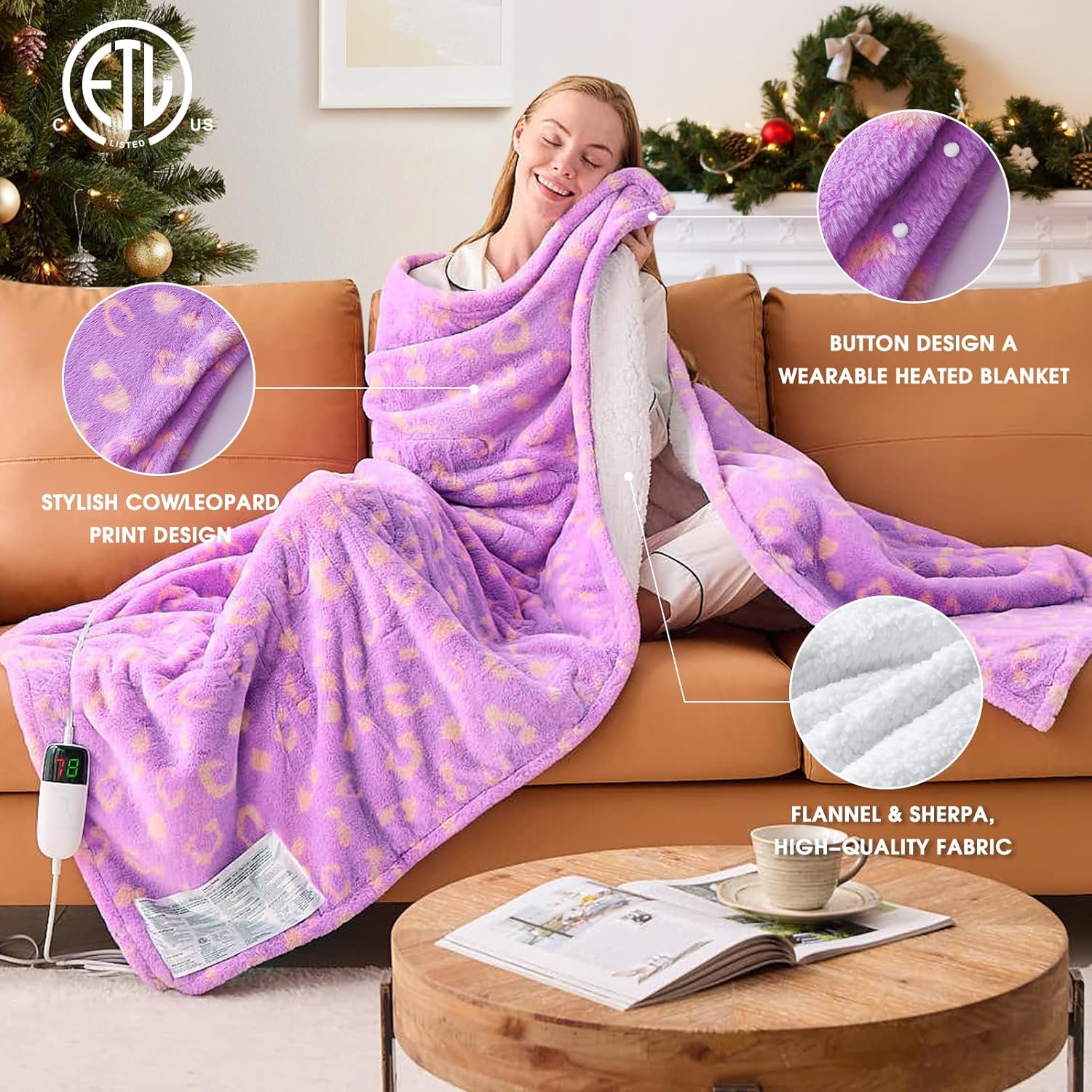 Leopard Print Heated Electric Blanket Throw,50X60 Purple Heating Blanket with 10 Heats Levels & 8 Hours Auto Off,Cute Cheetah Soft Fleece Sherpa Blankets Warmer Gifts for Women Washable