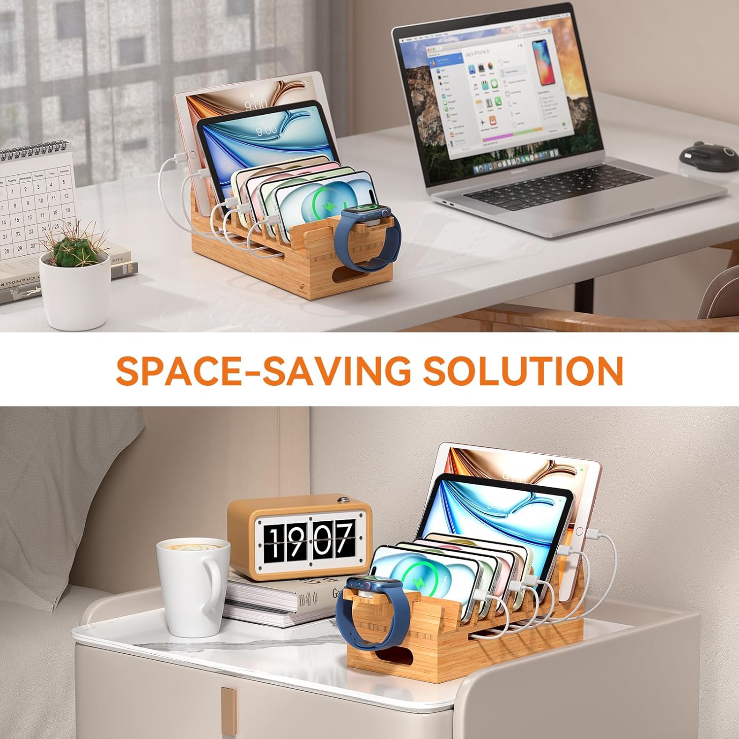 Pezin & Hulin Bamboo Charging Station with Watch Stand, Docking Holder for Multi Device with 5 Port USB Charger HUB, 5 Charge Cables, Desktop Electronic Organizer for Cellphone, Tablet, Watch