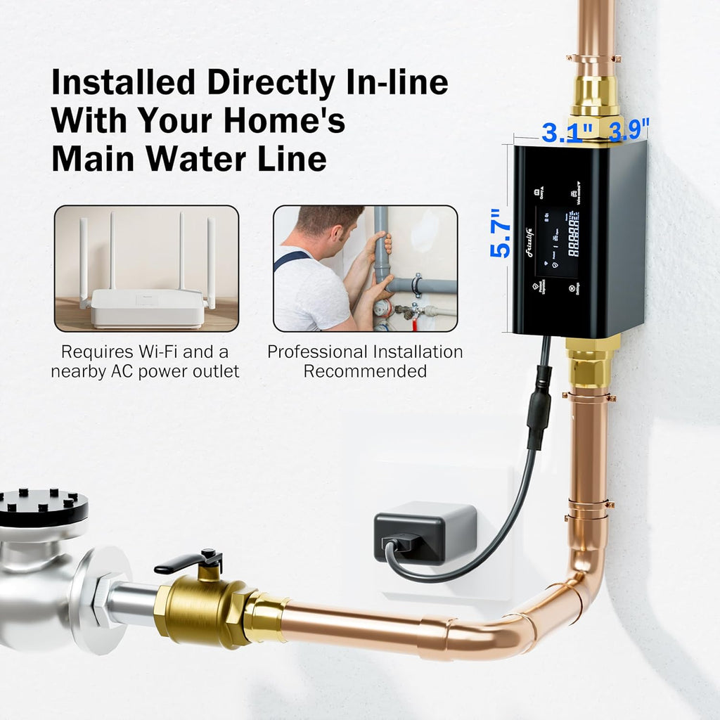 Frizzlife LP365 Smart Water Monitor and Automatic Shutoff - 0.01GPM Ultrasonic Micro Leak Detection, APP Wi-Fi Remote Control, Real-Time Flow/Temp Monitoring, 24/7 Water Usage Reports, 3/4" and 1"