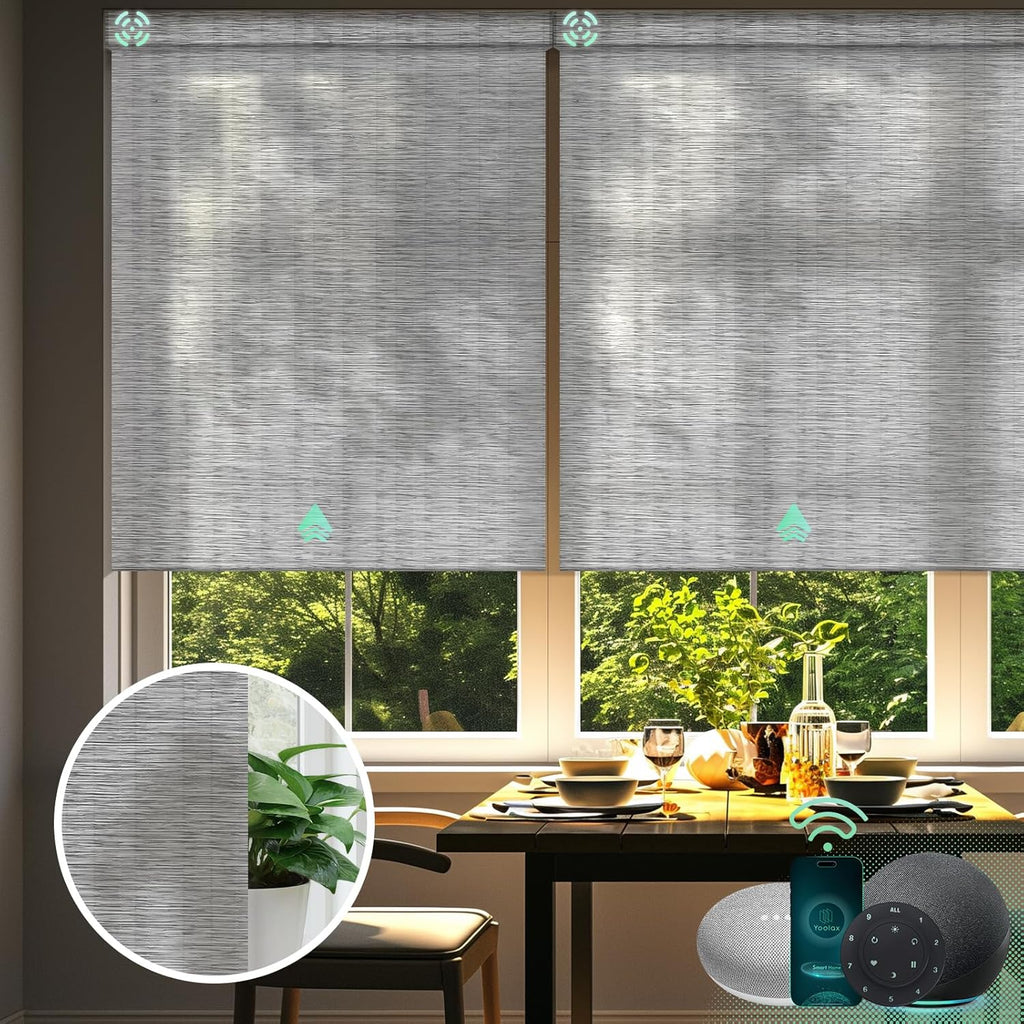 Yoolax Motorized Blinds with Remote, Light Filtering Smart Blinds Compatible with Alexa Google Home, Automatic Shades for Windows Living Room, Custom Size (50% Blackout V-Jungle Greyish White)
