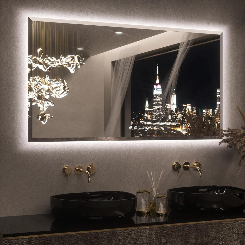 Keonjinn 55 x 30 Inch Backlit Bathroom Mirror with Lights, Beveled Large Lighted Vanity Mirror for Wall, HD Tempered Glass, Safe Defogging, UL-Listed, 3000K/4500K/6500K, Big Frameless LED Mirror