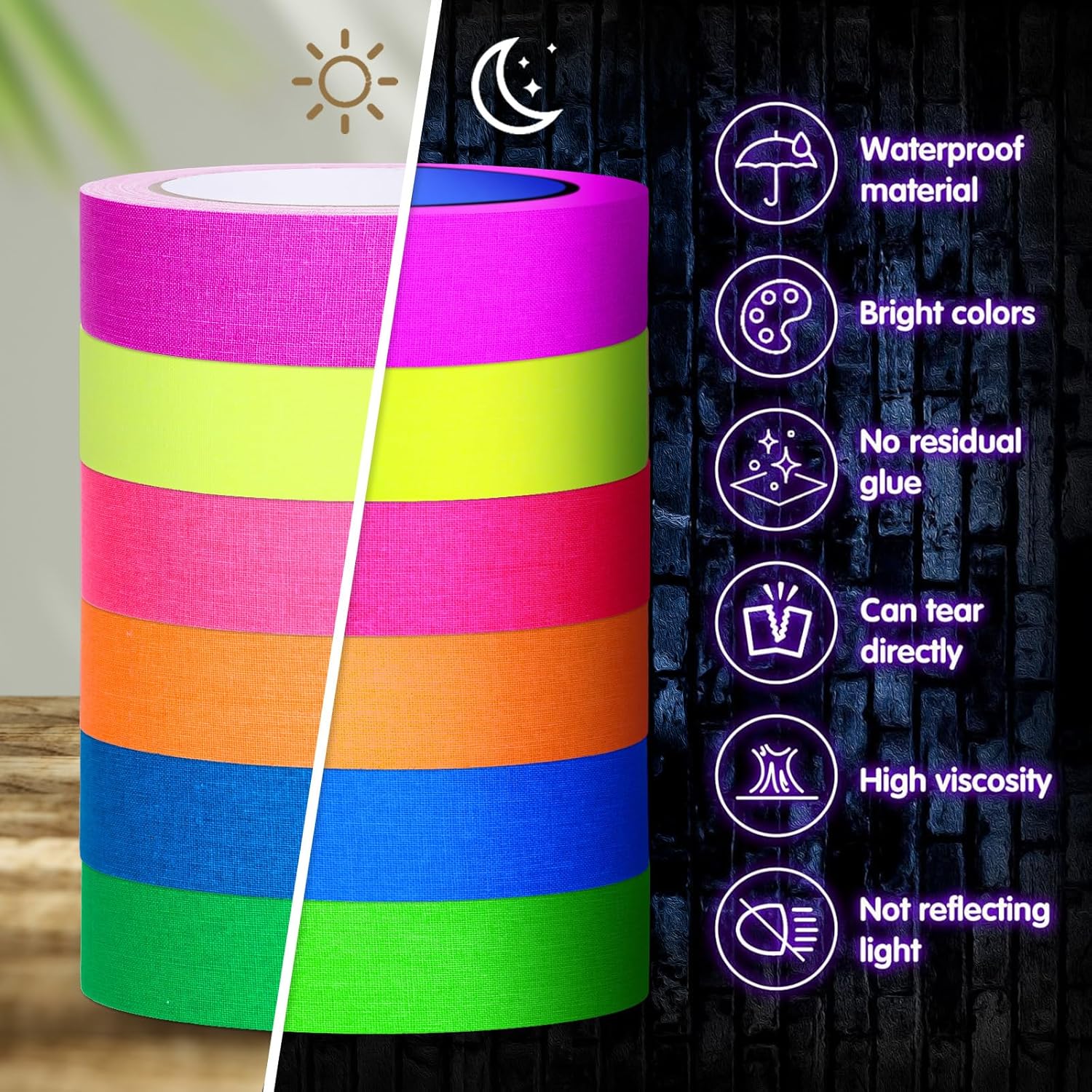 Whaline 6 Colors Neon Gaffer Cloth Tape Fluorescent Rainbow Color UV Blacklight Glow in The Dark Tapes Neon Duct Reflective Tapes for Party Supplies (1 Inch x 60 Ft)
