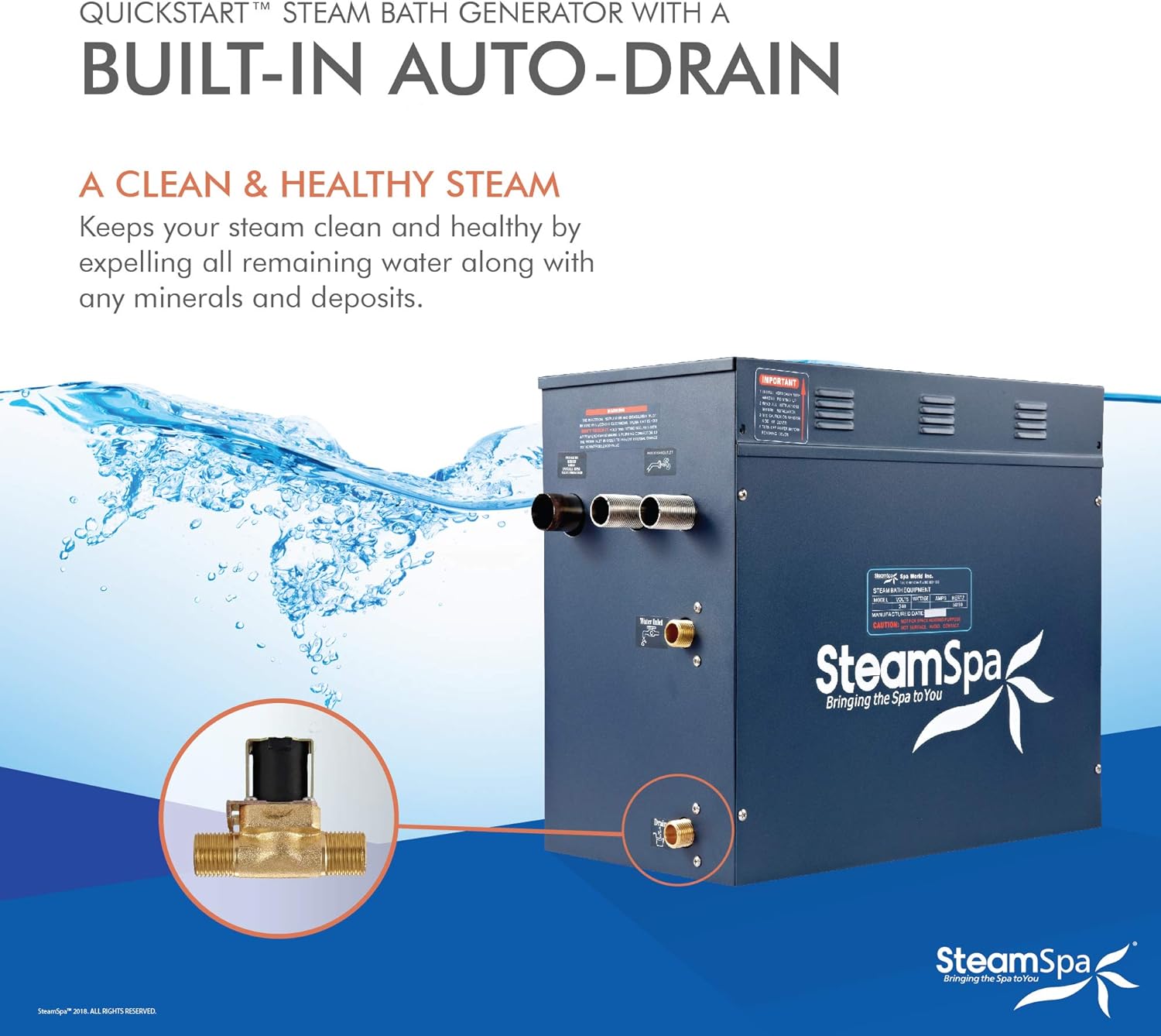 SteamSpa 12kW Steam Sauna Generator Executive Bundle 240V Steam Generator with Touch Pad, Steamheads, Pressure Relief Valve, Built-in Auto Drain, LED Light, Filter and Quick Install Kit EXT1200BN-A