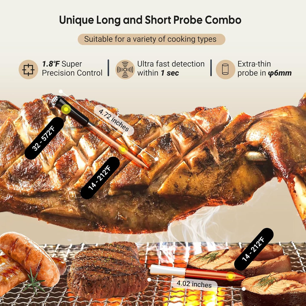 5GHz & 2.4GHz WiFi Wireless Meat Thermometer, INKBIRD WiFi Smart Thermometer with 2 Size-Coded Probes and Unlimited Range,Bluetooth 5.4 Thermometer with 360° Readable LCD-Enhanced Booster