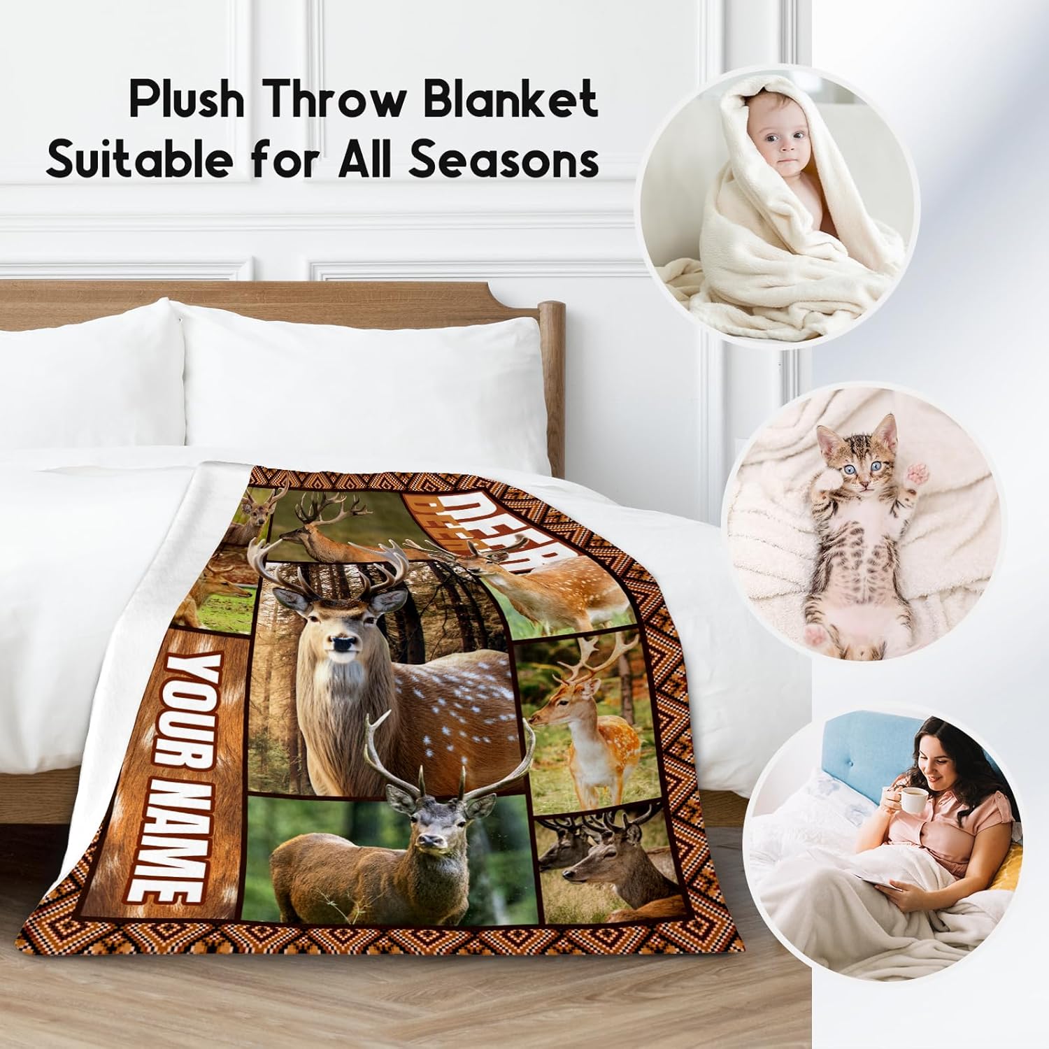 Personalized Blankets for Adults, Custom Deer Blanket Gifts for Men Boys, 60"x80" Forest Western Throw Gift for Hunters - Soft, Fuzzy & Cozy Deer Throws Farmhouse Decor