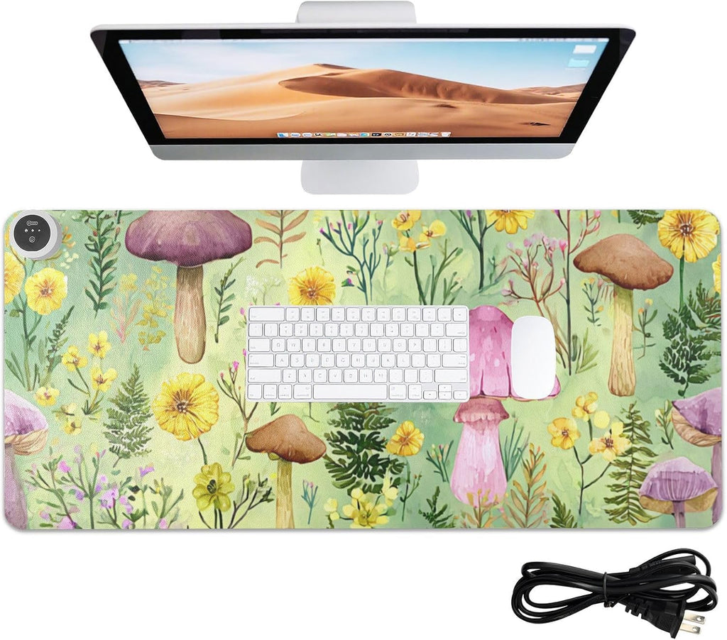 Heated Desk Pad Mouse Pad 31.5x13 Inch PU Leather Desk Mat with 3 Heat Levels Large Mouse Gaming Computer Laptop Mat Watercolor Mushrooms Green
