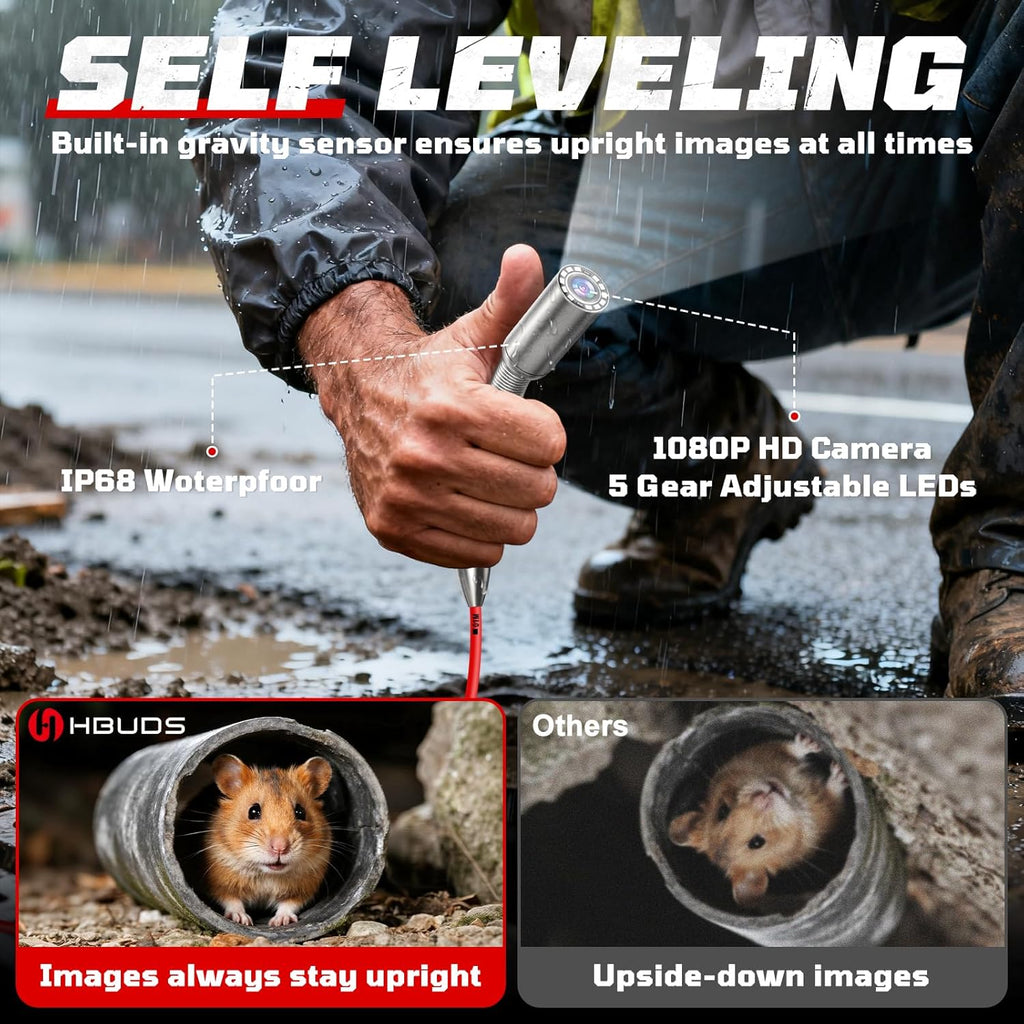 Sewer Camera, Self Leveling Drain Camera 200ft with Meter Counter, 7mm Thick Cable, 9" HD Screen 1080P Plumbing Cameras Snake with Light, 5100mAh Battery Duct Pipe Video Inspection Cam DVR 32GB