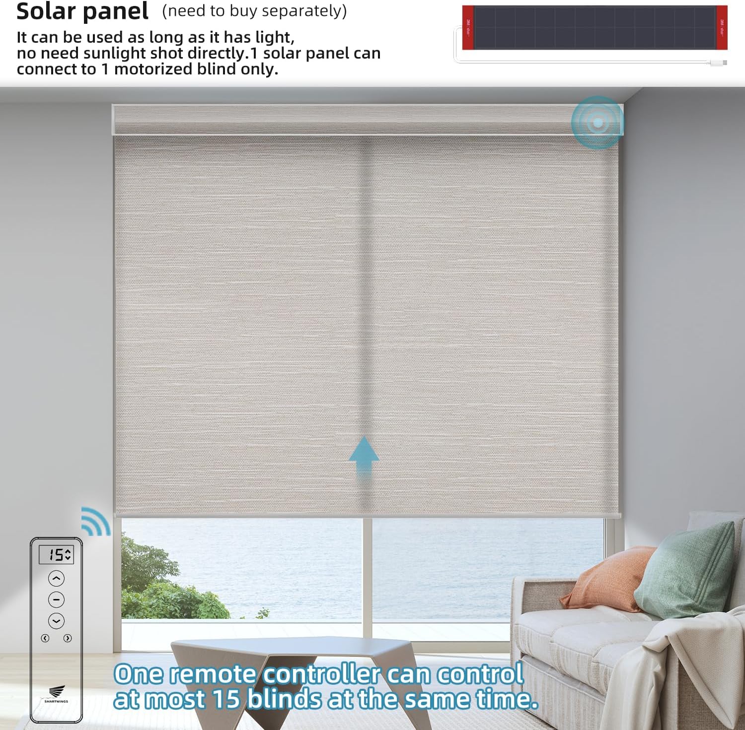 SmartWings Motorized Blind Light Filtering Shade Work with Z-Wave Alexa Thread Homekit, 70% Blackout Smart Window Blinds Translucent, Cordless with Remote Control, Max 110"W x 148"H, Essential Cream