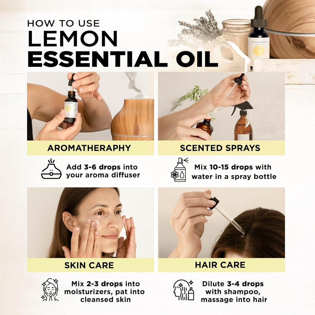 Essential Oils Lemon - 1oz 100% Natural Citrus Oil for Diffuser Or Aromatherapy, Refreshing, Uplifting Scent Supporting Focus and Freshness, Suitable for Cleaning and Skincare Purposes