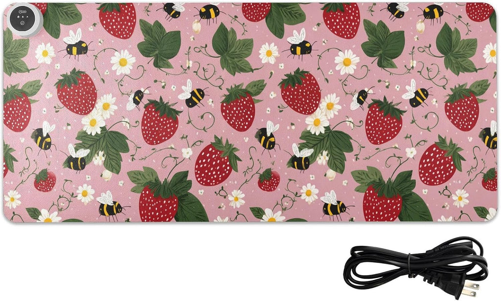Heated Desk Pad Mouse Pad 31.5x13 Inch PU Leather Desk Mat with 3 Heat Levels Large Mouse Gaming Computer Laptop Mat Pink Bees Flowers Strawberry