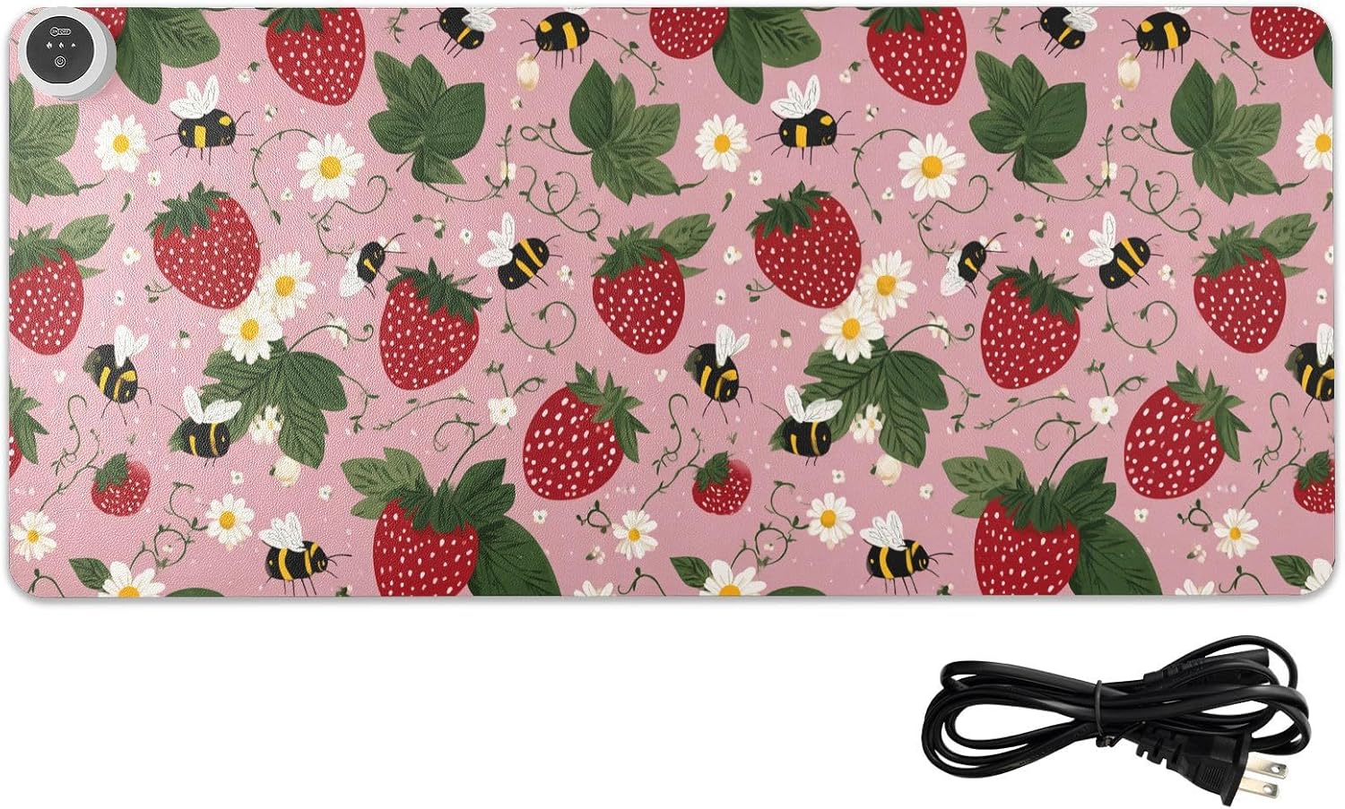 Heated Desk Pad Mouse Pad 31.5x13 Inch PU Leather Desk Mat with 3 Heat Levels Large Mouse Gaming Computer Laptop Mat Pink Bees Flowers Strawberry