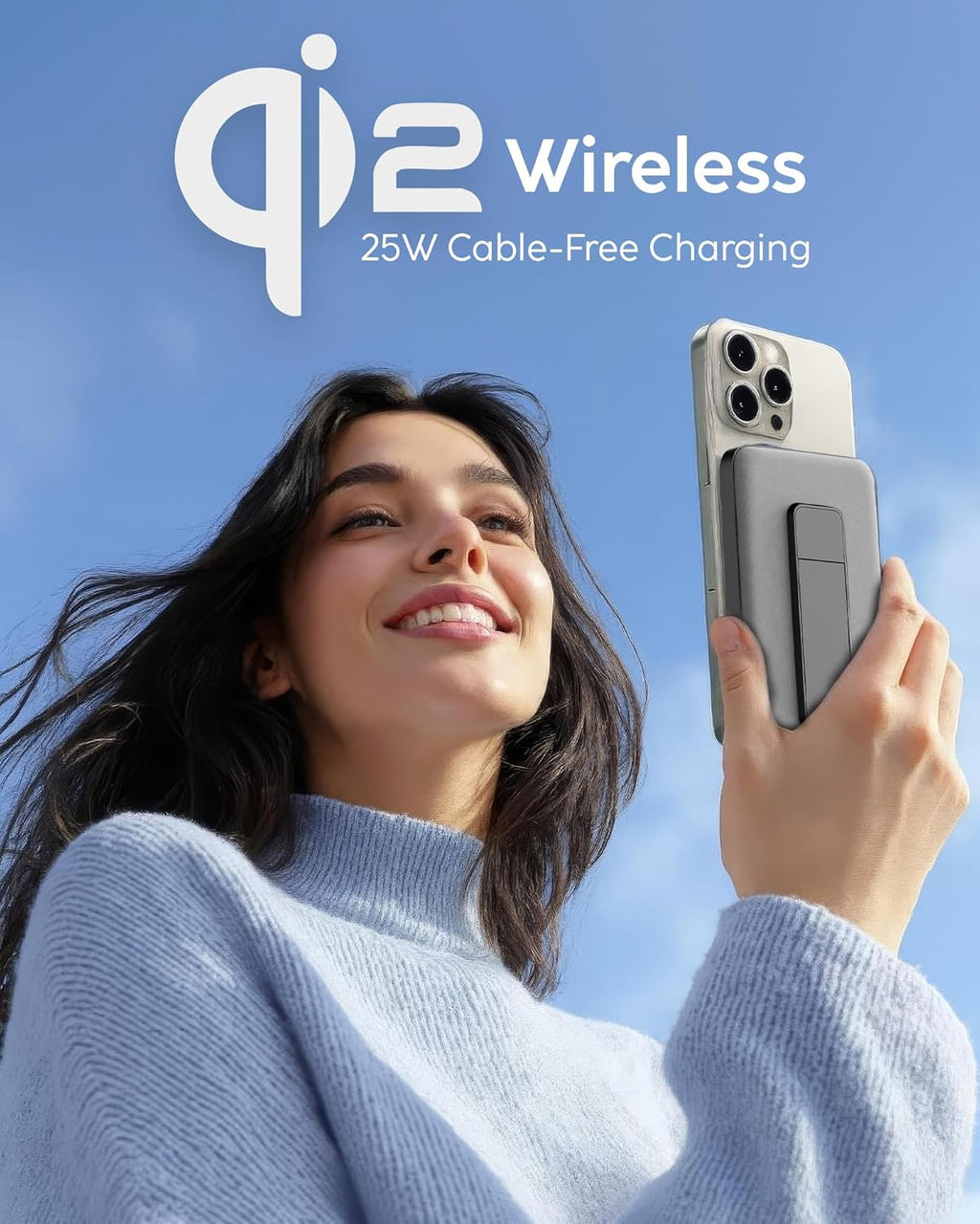 myCharge CliqLuxe 10,000mAh Wireless Magnetic Power Bank - Qi2.2 25W Ultra-Fast Wireless Charging | with Stand | 20W PD USB-C Port | Digital Battery Display | Premium Grey Fabric (Without Wall Plug)