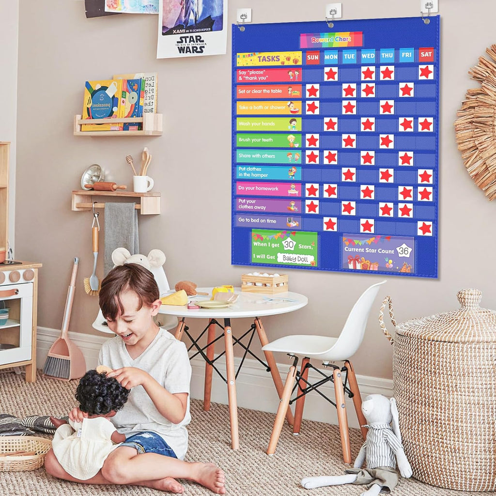 EAMAY Responsibility Pocket Chart | Toddler Routine, Kids Reward Board, Chores Chart, Visual Schedule, Autism Learning Materials for Home School, 129 Cards (32.5''x 25")