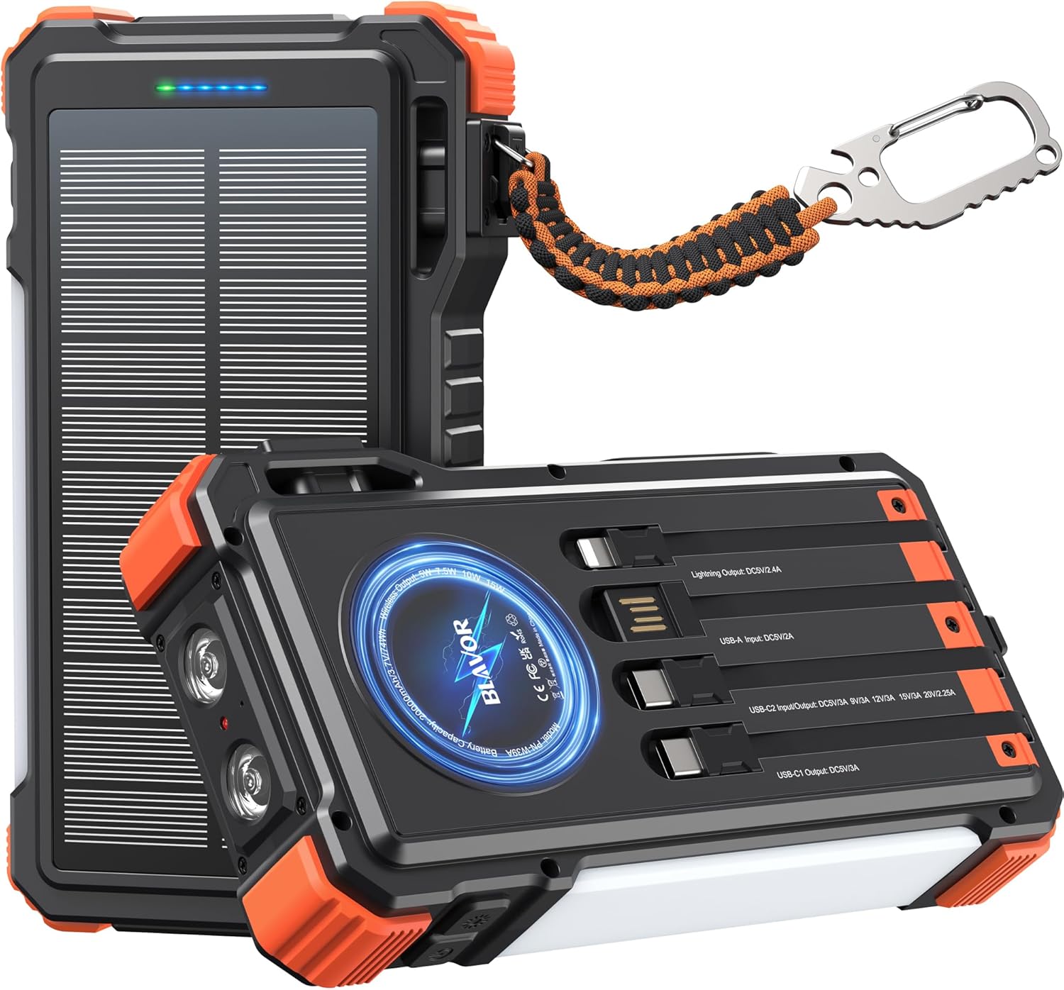 BLAVOR 45W Solar Charger Power Bank 20000mAh Wireless Portable Charger Built-in Cables, PD QC Fast Charging Battery Pack with USB-C for iPhone, Samsung, Dual Flashlight & Carabiner for Camping, Hiking