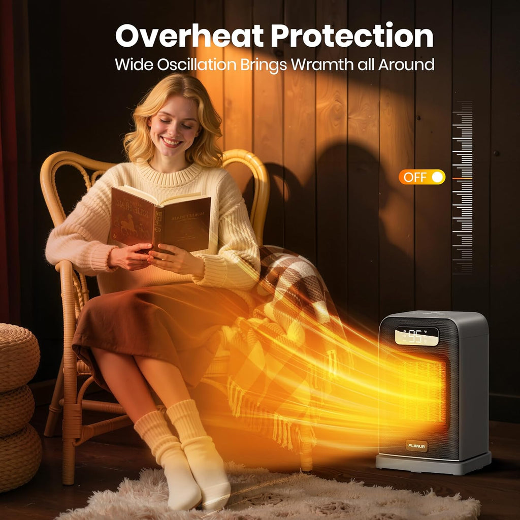Space Heaters for Indoor Use, 1500W Small Desk Heater 2 in 1 with Remote, Thermostat, LED Display, Overheat & Tip Over Protection, 12H Timer, 70° Oscillating Heater for Office, Grey