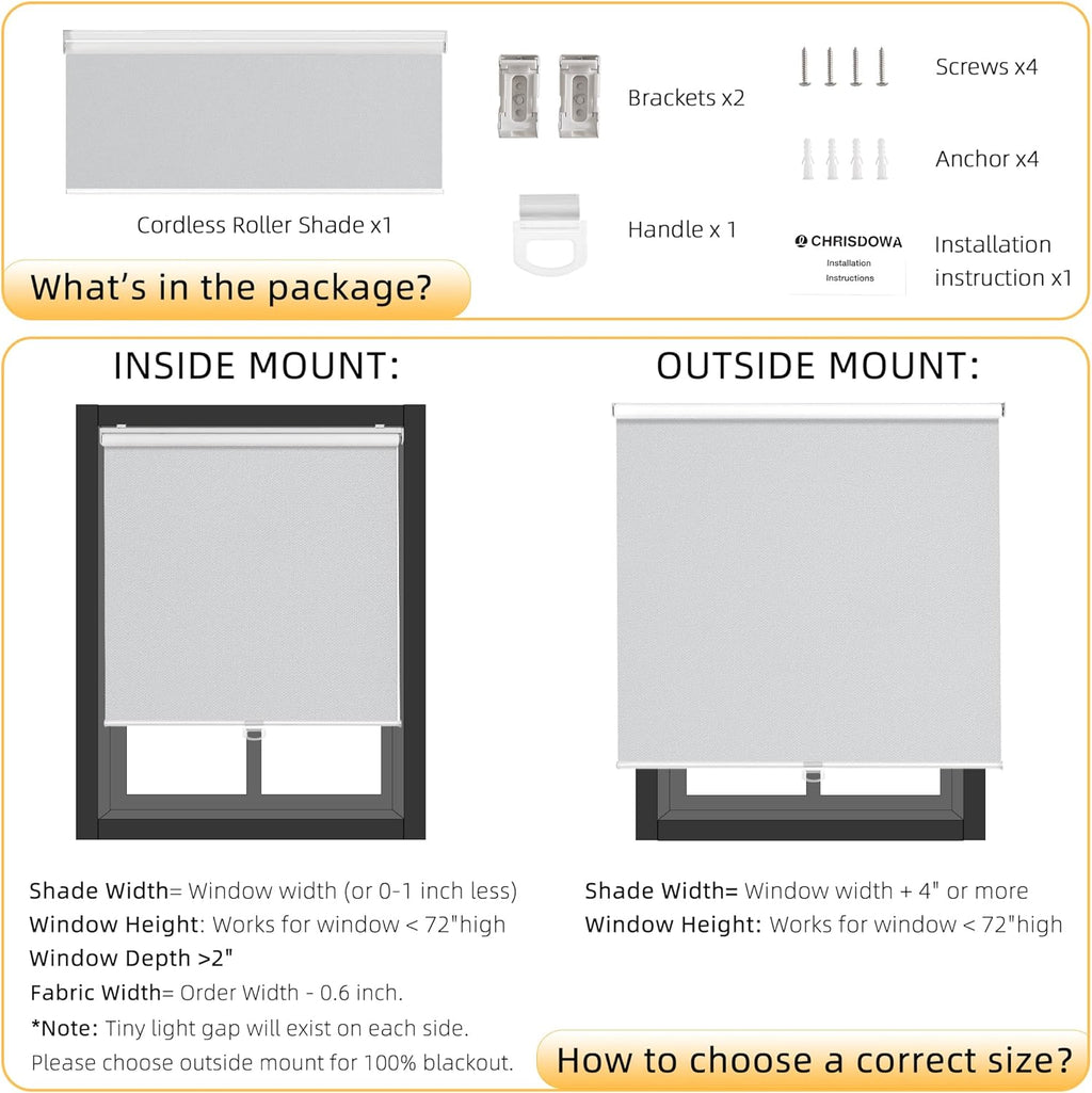 ChrisDowa Cordless Blackout Roller Shades for Windows, Thermal Insulated UV Protection Pull Down Shades, Total Blackout Window Blinds for Home, Office, Bedroom, Door (32" W x 72" H, Grey)