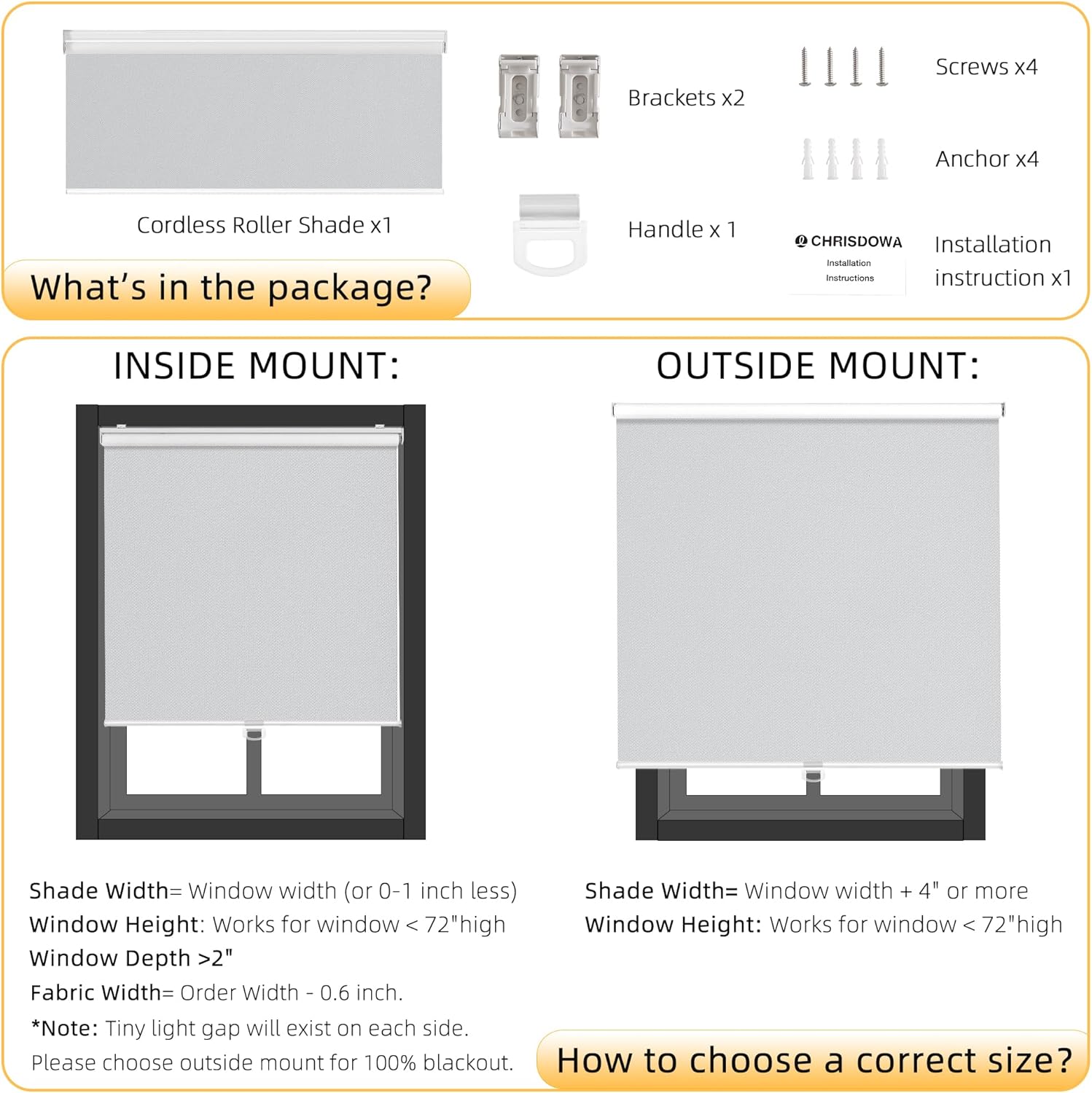ChrisDowa Cordless Blackout Roller Shades for Windows, Thermal Insulated UV Protection Pull Down Shades, Total Blackout Window Blinds for Home, Office, Bedroom, Door (26" W x 72" H, Grey)