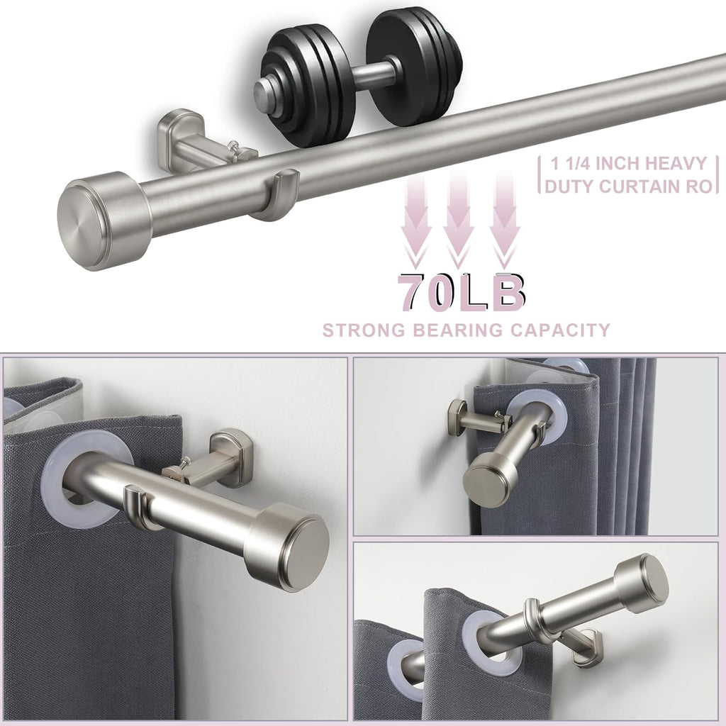 Heavy Duty Curtain Rods,1 1/4" Large Diameter Premium Nonadjustable Curtain Rod,48in/4ft Custom Window Treatment Rods with Durable Aluminum Brackets and End Caps,Brushed Nickel Finish