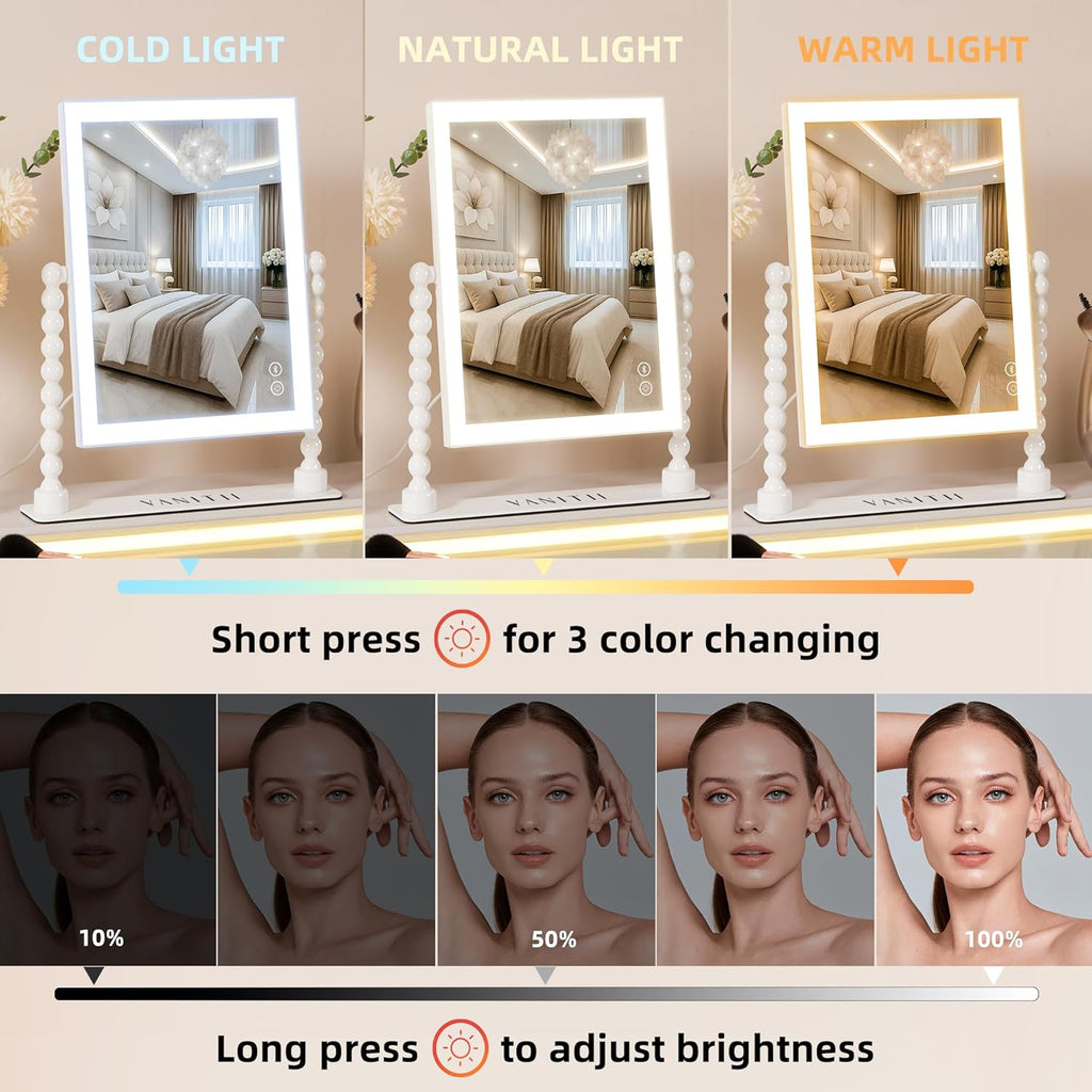 Vanity Makeup Mirror with Lights 9”x12” Hollywood Mirror with Music Speaker Dimmable 3 Color Lighting Light up Mirror with 10X Magnification 360 Degree Rotation for Bedroom Bathroom