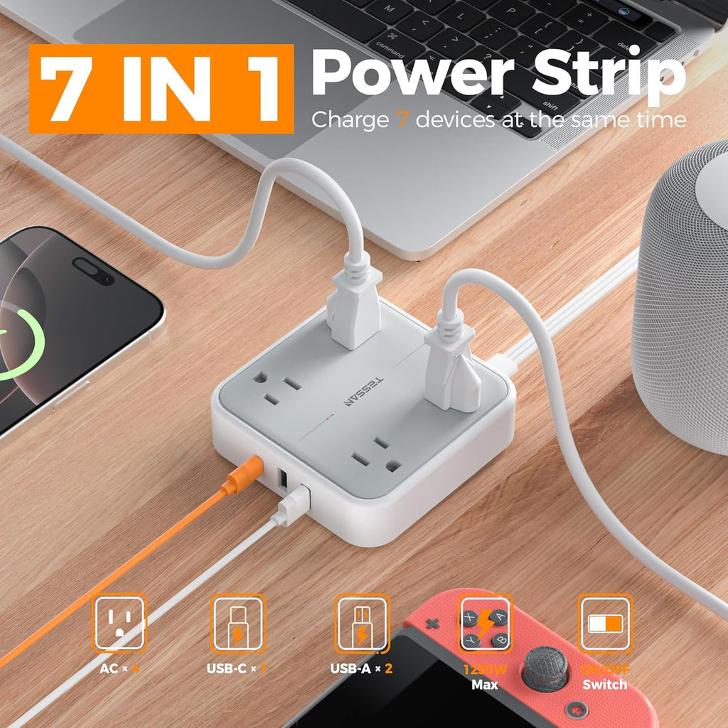 TESSAN Surge Protector Power Strip, 1 Ft Ring Pull Short Extension Cord with Multiple Outlets, 3 USB (1 USB C) 4 Outlets, 900J Surge Protection, Desktop Charging Station for Home, Office, Dorm Room