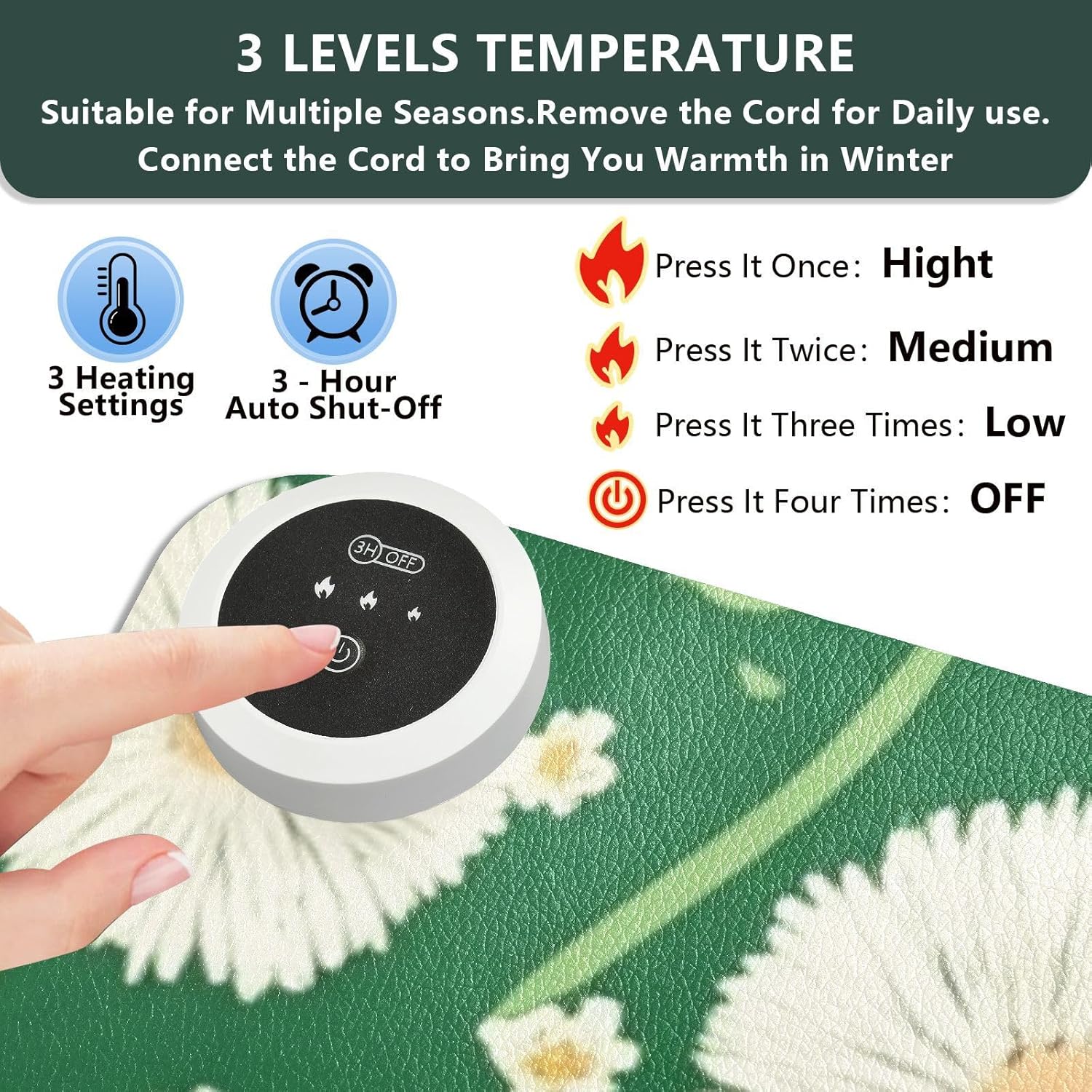 Heated Desk Pad Mouse Pad 31.5x13 Inch PU Leather Desk Mat with 3 Heat Levels Large Mouse Gaming Computer Laptop Mat Green Dandelion and Daisy