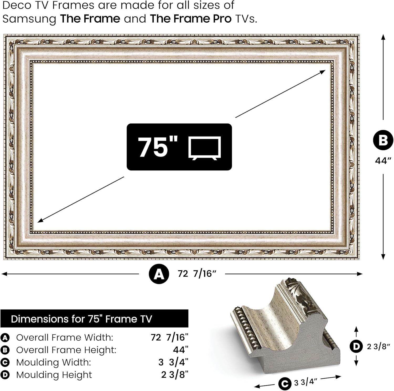 Ornate Silver 75" Premiere Deco TV Frame - Compatible ONLY with Samsung The Frame TV and Pro TVs (Fits 2021-2025, LS03A, LS03B,LS03C,LS03D,LS03FA,LS03FW)