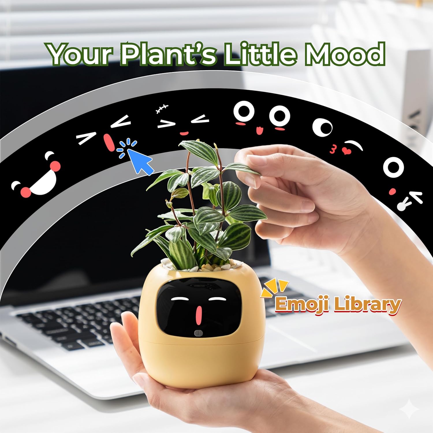 Ivy AI Smart Plant Pot with Emoji Intelligent Planter Robot for Houseplants Tamagotchi Flower Pot Stylish Plantagotchi Home Decor(Lemon)
