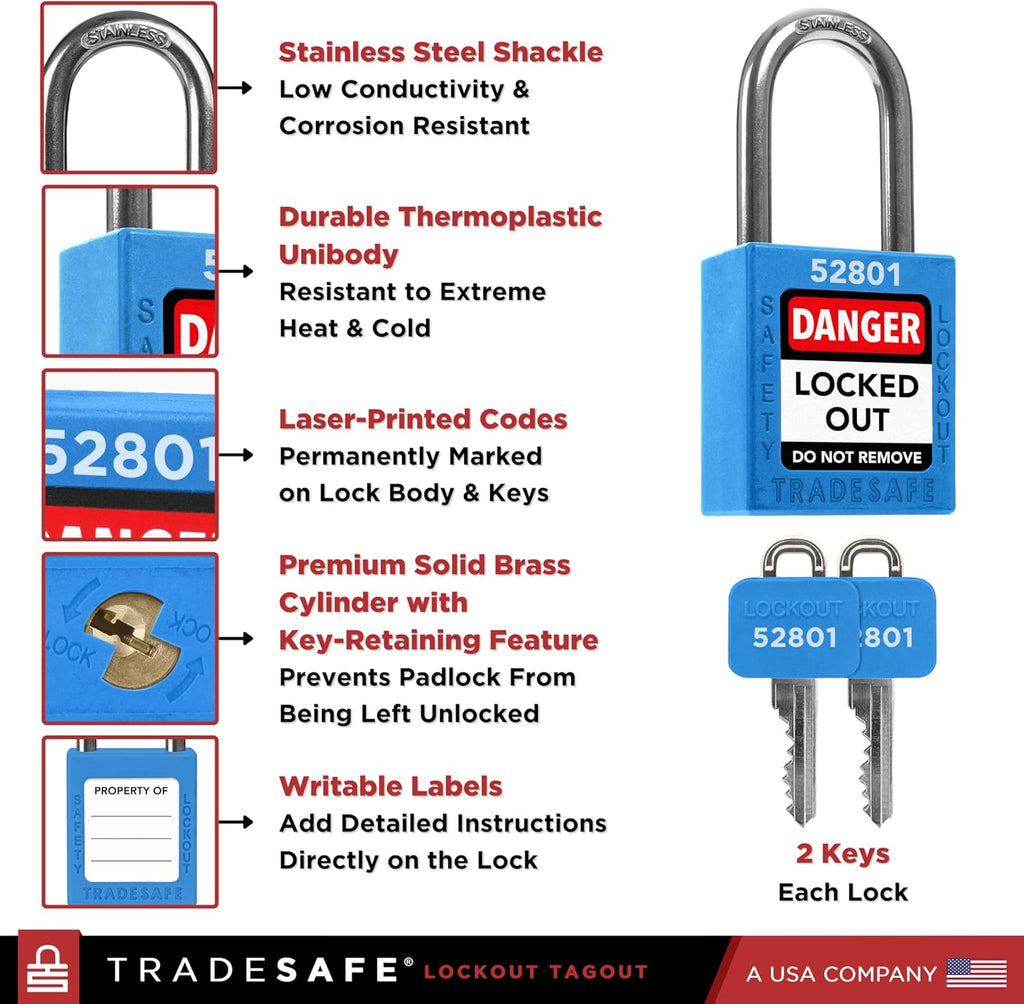 TRADESAFE Lockout Tagout Locks Set - 10 Blue Keyed Alike Padlocks, 2 Keys Per Lock, OSHA Compliant Loto Locks