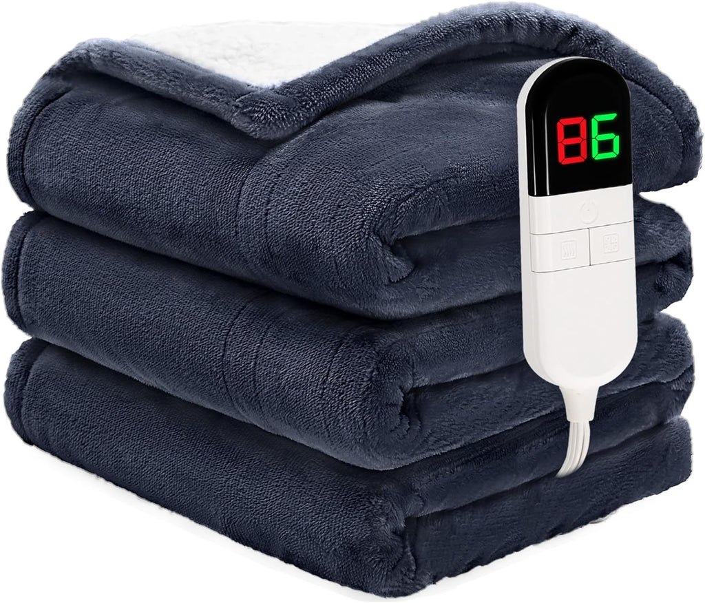 Heated Throw Blanket 50"×60" - Premium Cosy Soft Electric Blanket with 6 Heating Levels,Fast Heating Flannel Sherpa Blanket for Bed & Couch - Auto Shut Off/Machine Washable (Navy Blue)
