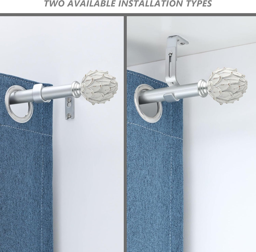 Curtain Rods for Windows 66 to 120 Inches 1 Inch Diameter Adjustable Drapery Rod Decorative Single Window Curtain Rods with Classic Finials,Silver