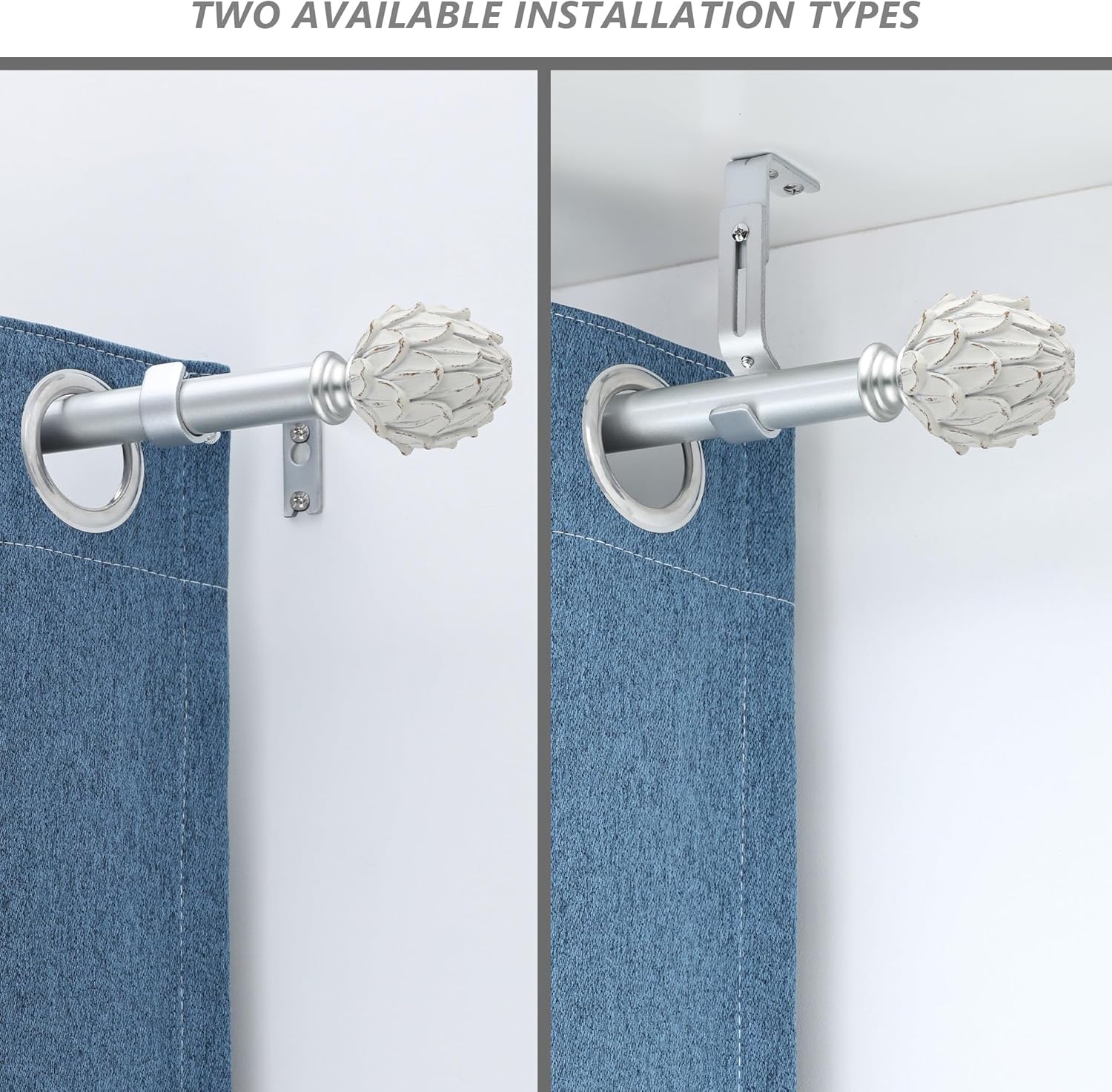 Curtain Rods for Windows 66 to 120 Inches 1 Inch Diameter Adjustable Drapery Rod Decorative Single Window Curtain Rods with Classic Finials,Silver