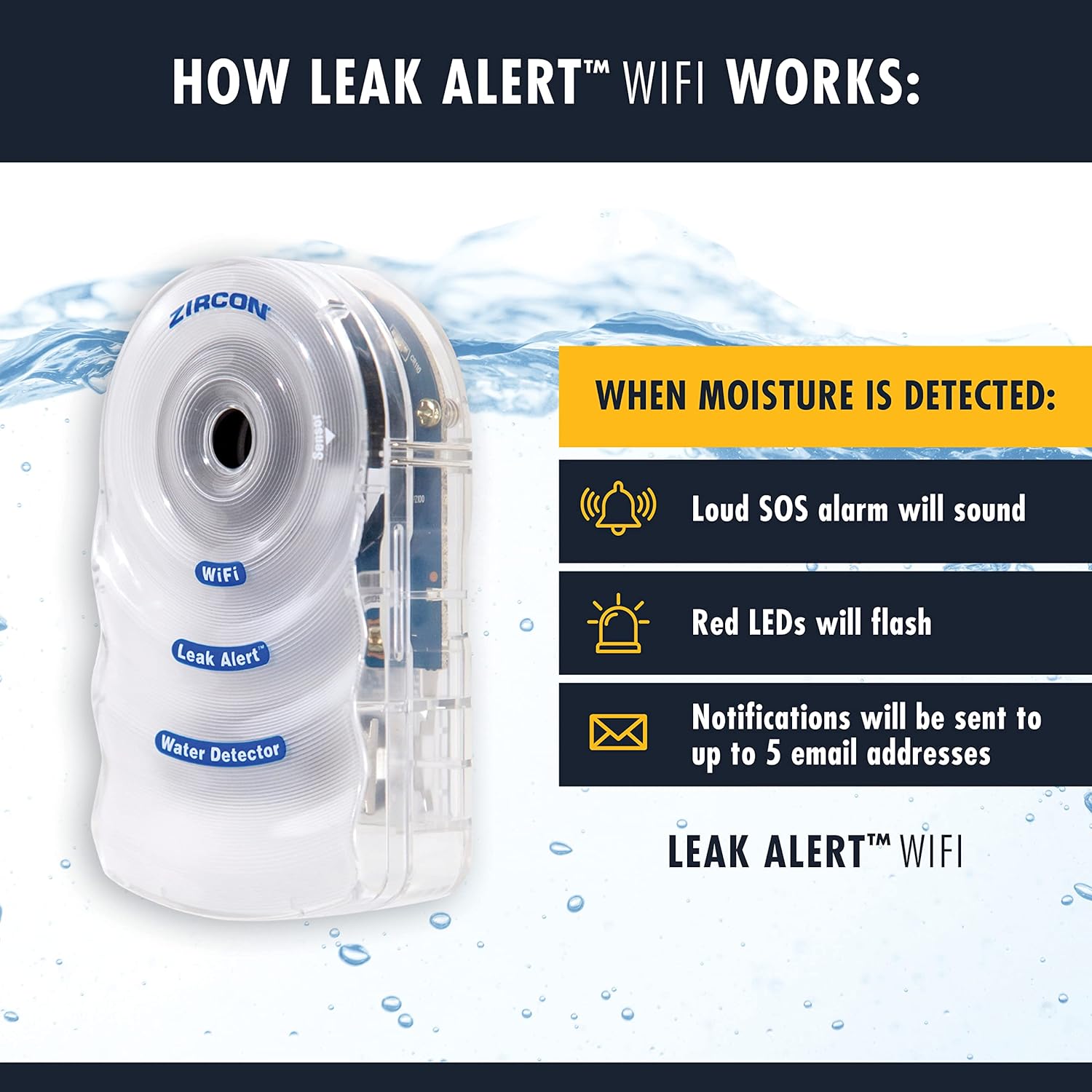 Zircon Leak Alert WiFi- 2 Pack - Smart Electronic Water Detector Alarm with Email, Audio and Visual Alerts - Batteries Included, (72336) White