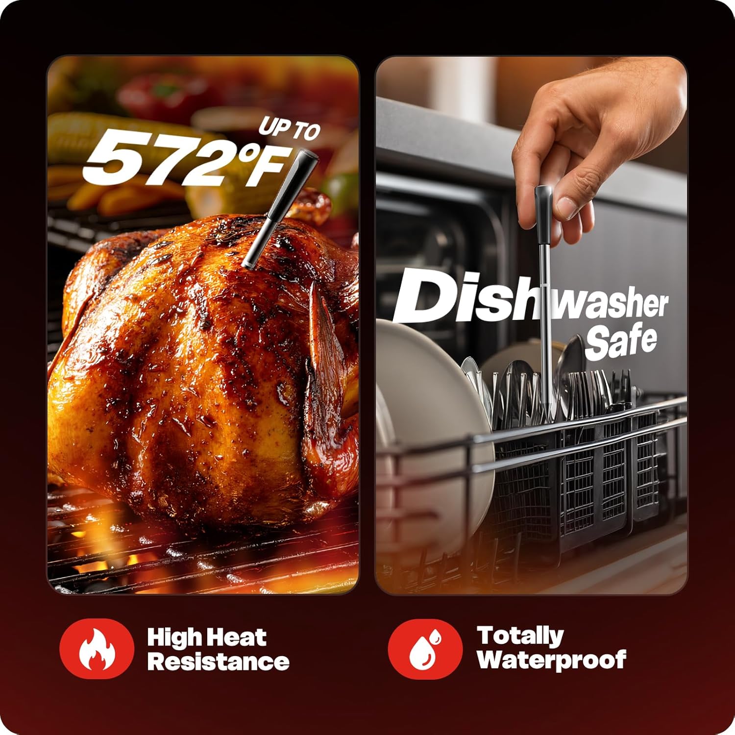 Smart Wireless Meat Thermometer with Ultra-Thin Probe, 6 Sensors Accuracy Digital Food Thermometer 0.5S Instant Read, IP67 Waterproof for BBQ, Grill, Smoker, Oven, Air Fryer,Red