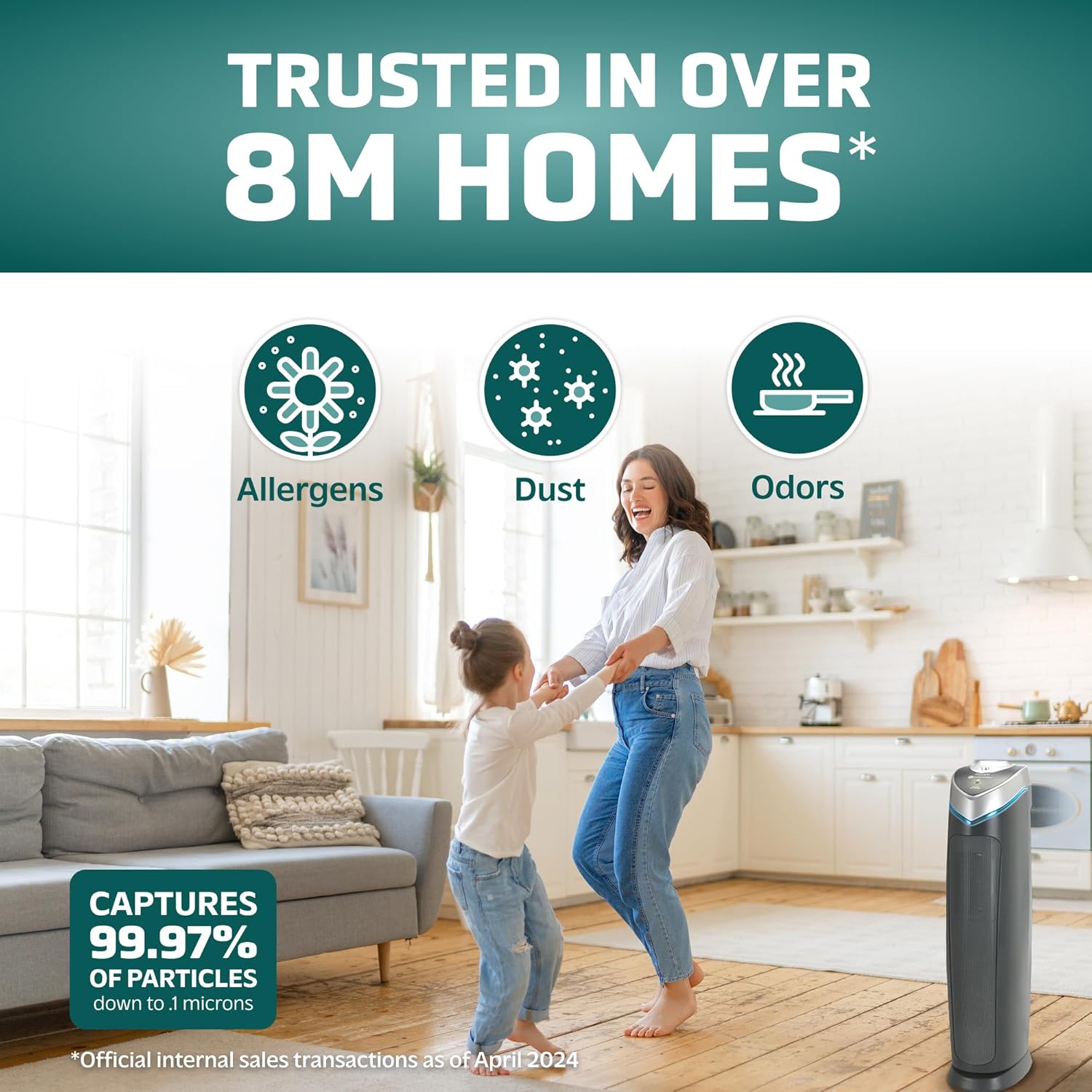 GermGuardian 3-In-1 HEPA Air Purifier for Home, Large Rooms Up To 915 Sq. Ft. with HEPA Air Filter, UV-C Light & Odor Reduction, AC5000E, 28" Tower, Gray