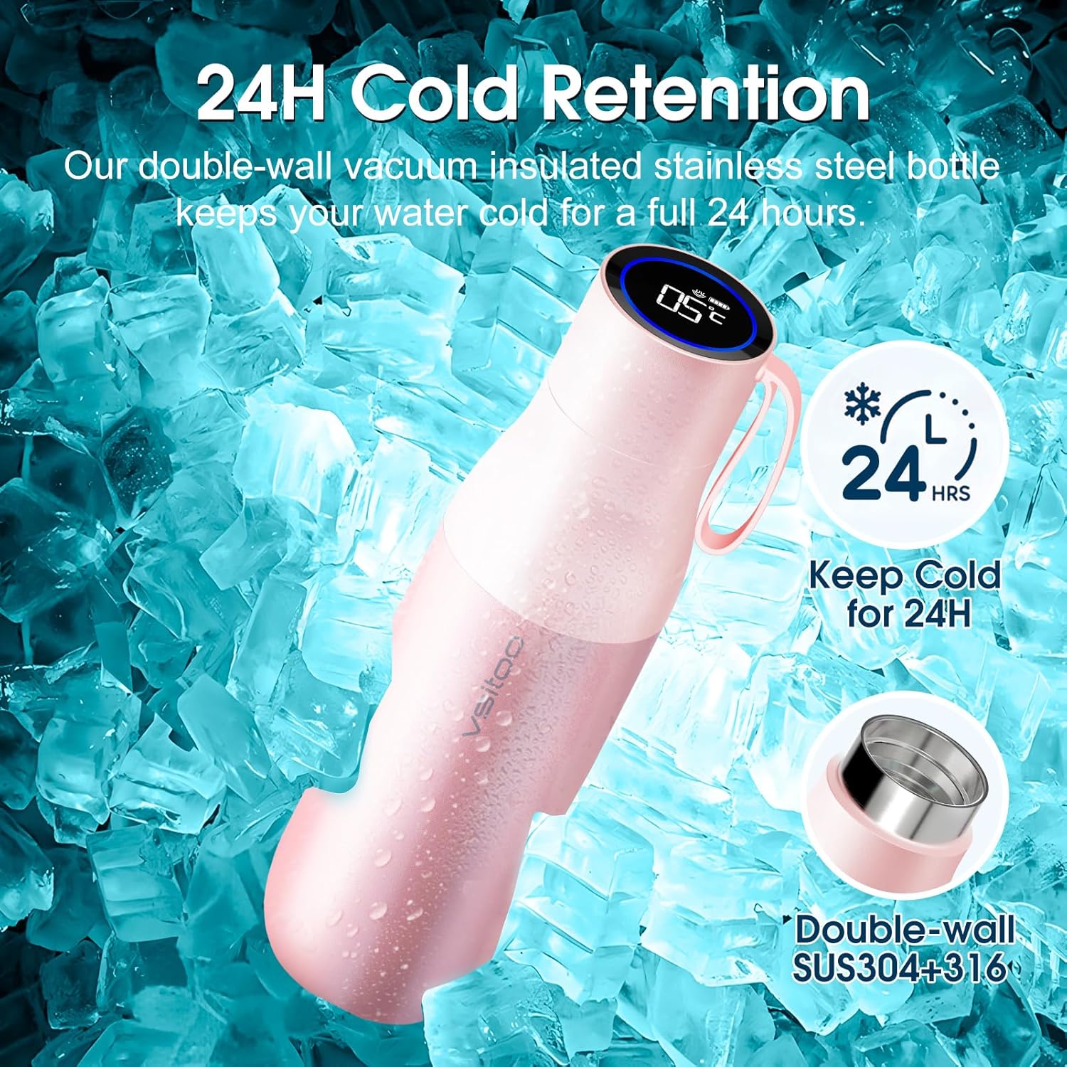 VSITOO 15oz Smart Self Cleaning Water Bottle，Insulated Water Bottle with Stainless Steel, BPA-Free, AI Self-Clean, 30-Day Battery, Magnetic Charging for Travel, Gym or Office, Pink