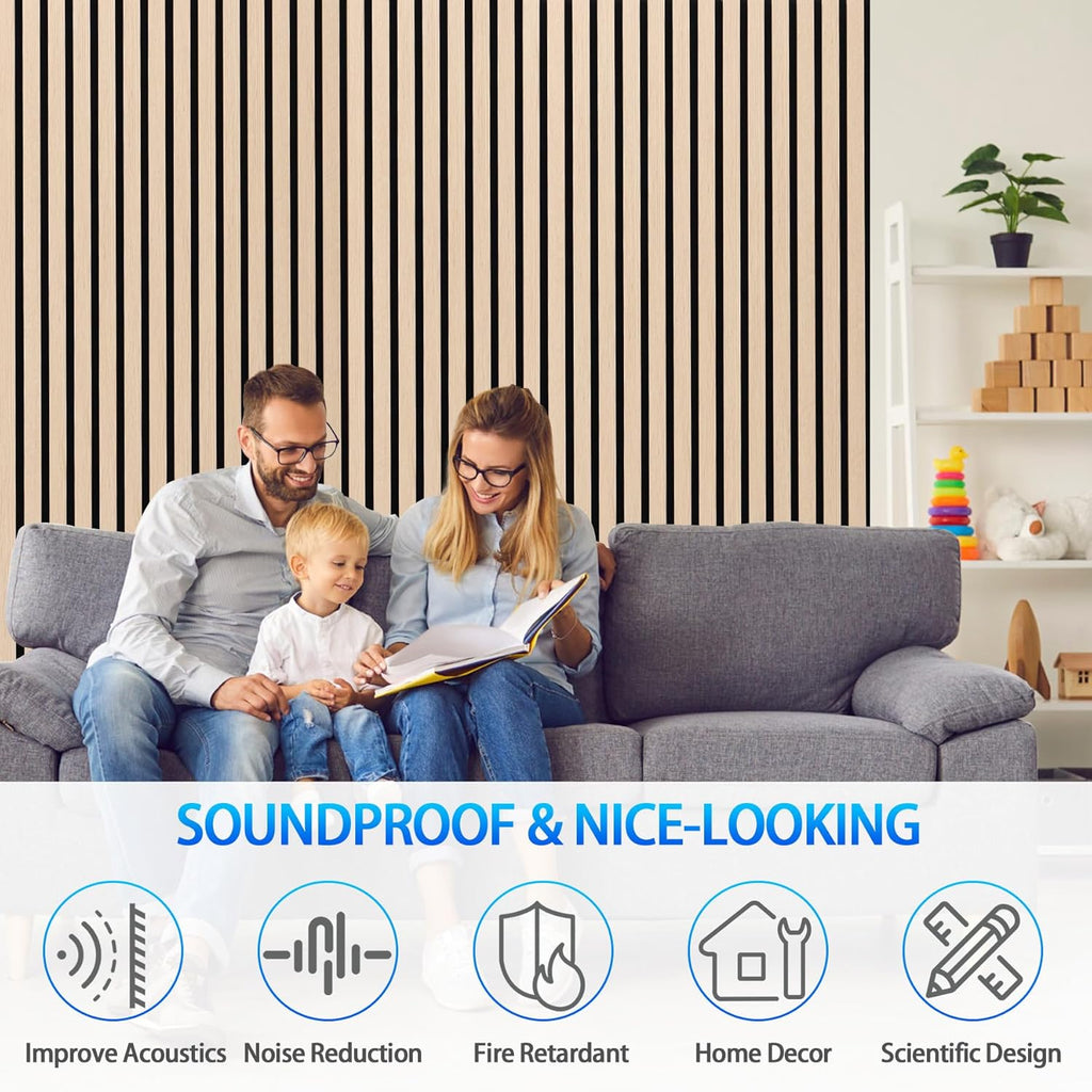 3D Slat Acoustic Wall Panels with Wood Finish Accent, 4 Pack Sound Absorbing Paneling for Studio, Office, Living Room, Bedroom Interior Decor (Natural Oak, 48''L x 24''W)