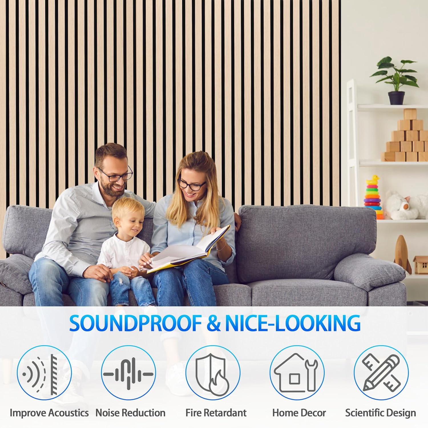 3D Slat Acoustic Wall Panels with Wood Finish Accent, 2 Pack Sound Absorbing Paneling for Studio, Office, Living Room, Bedroom Interior Decor (Natural Oak, 48''L x 24''W)