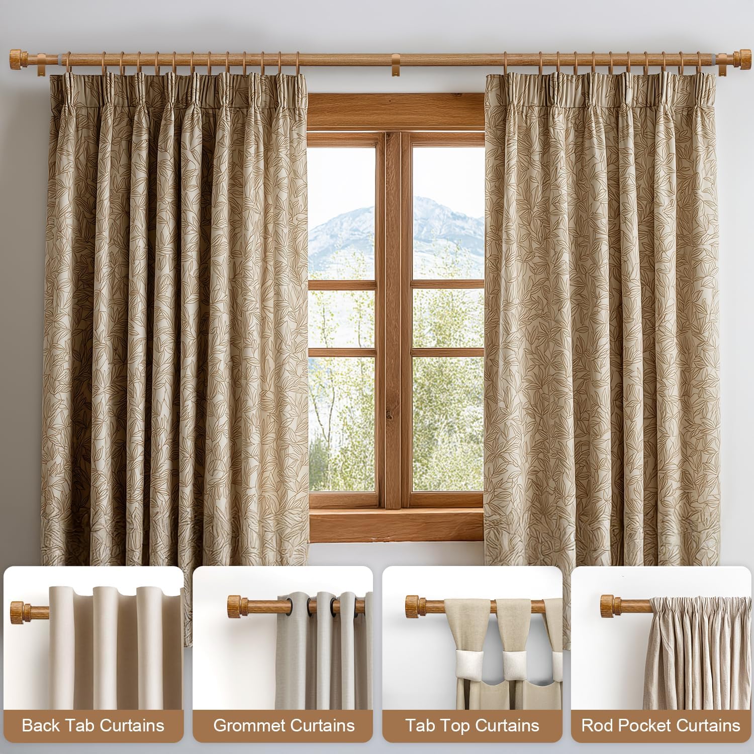 Wood Curtain Rods for Windows 66 to 120 Inches 1" Diameter Boho Decorative Heavy Duty Long Window Curtain Rod Adjustable with Solid Imitation Wood Grain Finials for Living Room Bedroom Kitchen
