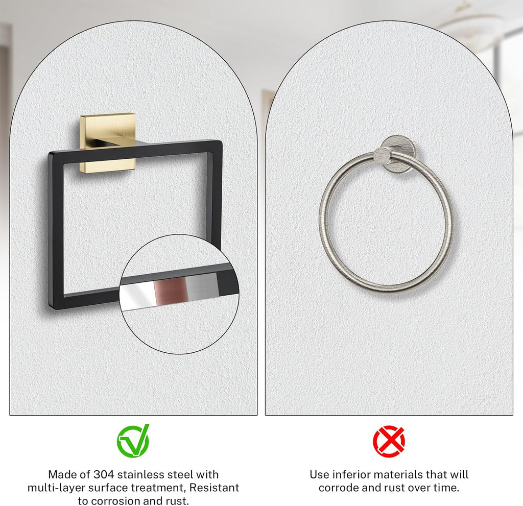 2-Piece Black Gold Towel Ring,Hand Towel Holder,Modern Towel Holder Stainless Steel Towel Rack Wall-Mounted Bathroom Towel Ring