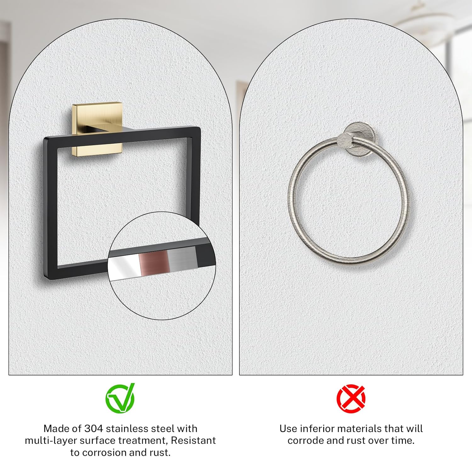 2-Piece Black Gold Towel Ring,Hand Towel Holder,Modern Towel Holder Stainless Steel Towel Rack Wall-Mounted Bathroom Towel Ring