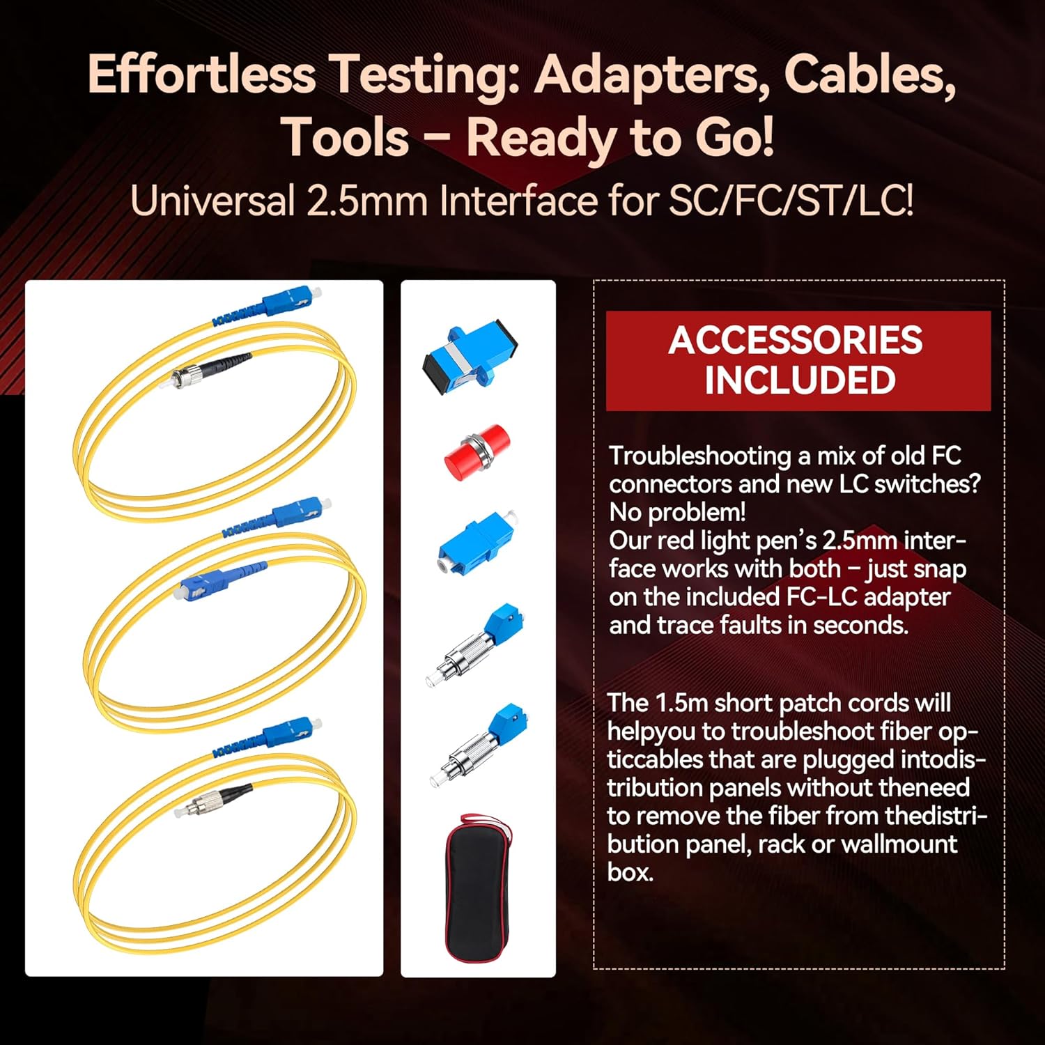VFLVisual Fault Locator Kit 50mw,Fiber Optic Cable Tester Tool Kit,Fiber Red Light Pen Tester with 2.5mm Universal Connector 2pcs FC-LC Adapter & 1pc LC, SC, FC Coupler & 3 1.5m Patch Cords