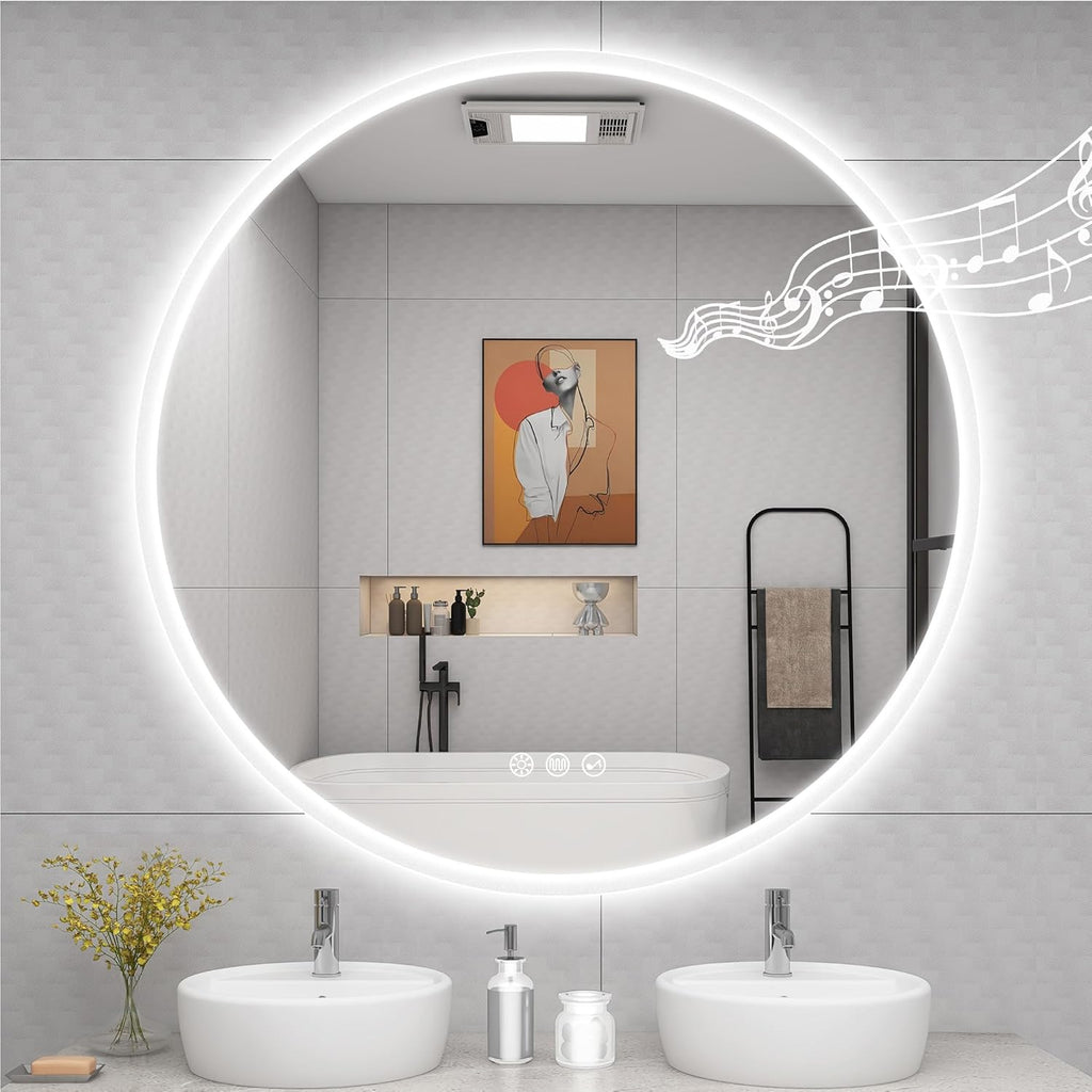 STARLEAD 36" LED-Bathroom-Mirror-with-Lights, Wall-Mounted with Bluetooth Speaker, Anti-Fog, 3 Color Temperature, Dimmable Brightness, Waterproof, Tempered Glass, Frontlit & Backlit, Round