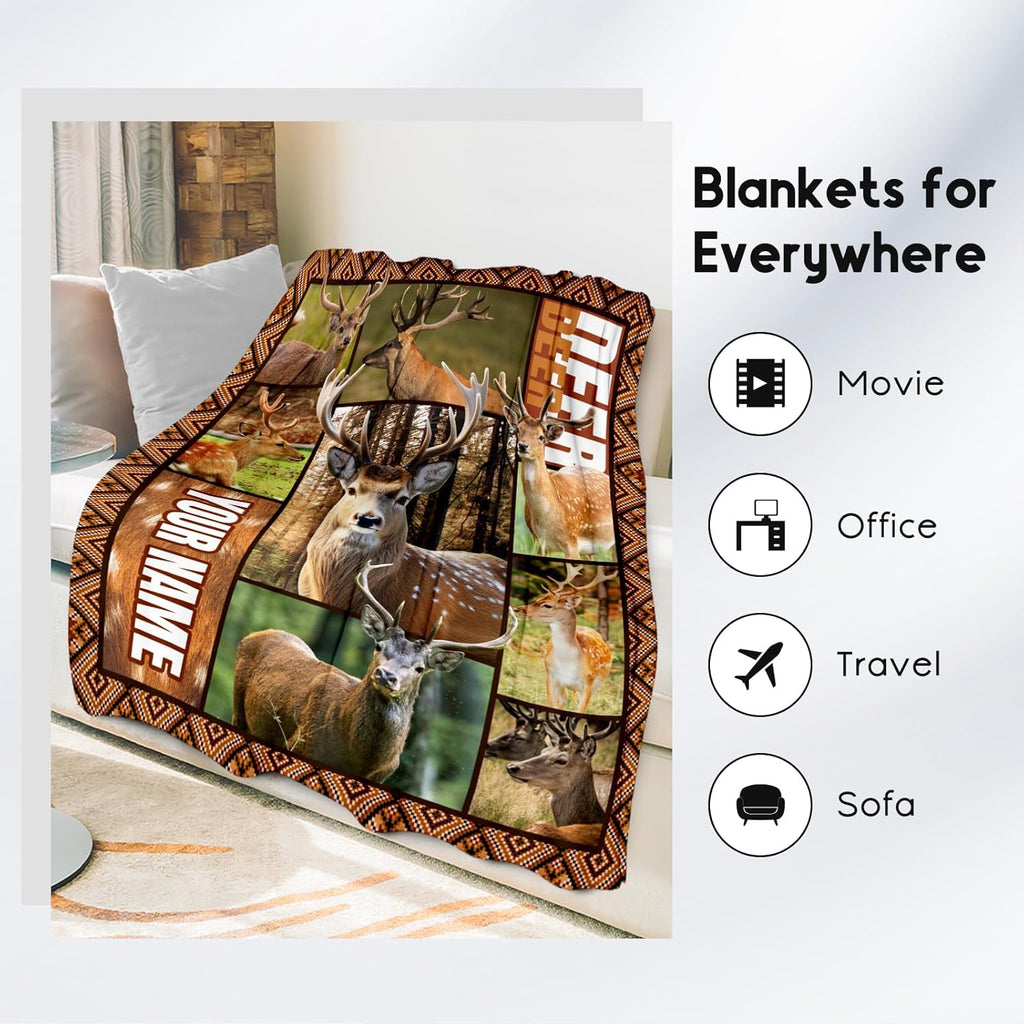 Personalized Blankets for Adults, Custom Deer Blanket Gifts for Men Boys, 50"x60" Forest Western Throw Gift for Hunters - Soft, Fuzzy & Cozy Deer Throws Farmhouse Decor