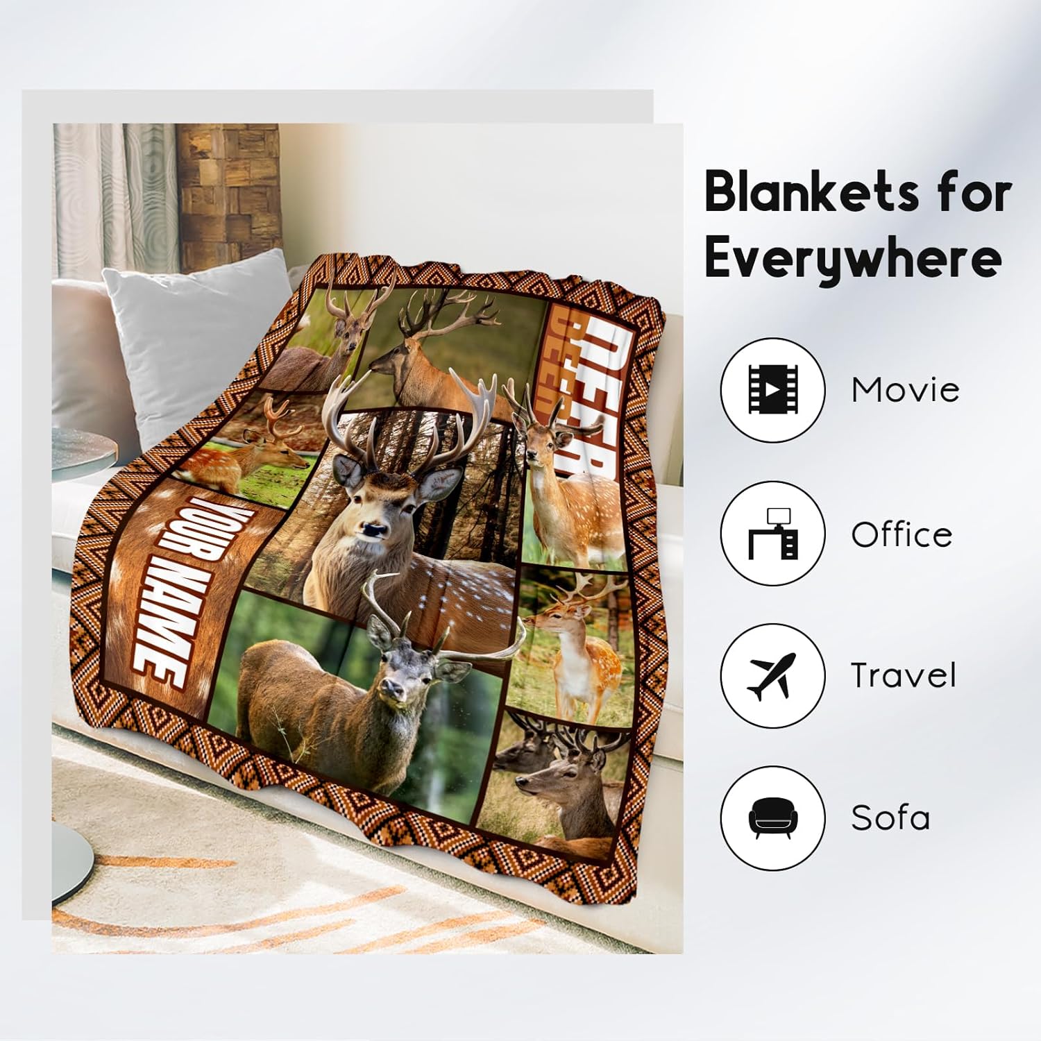 Personalized Blankets for Adults, Custom Deer Blanket Gifts for Men Boys, 50"x60" Forest Western Throw Gift for Hunters - Soft, Fuzzy & Cozy Deer Throws Farmhouse Decor